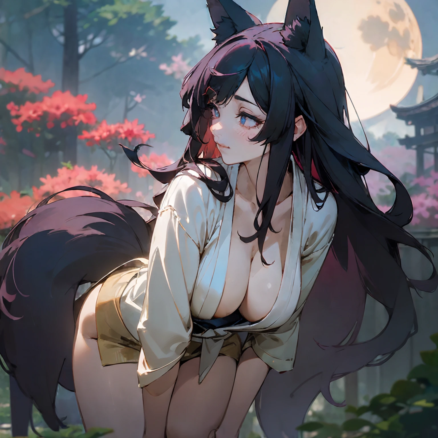 ((beautiful anime eyes with fine detail)), realistic skin, (intricate details), best lighting, depth field, ((((masterpiece)))), high quality, full color,Very delicate and beautiful girl with precision ((vivid and beautiful, shocking sensation, incredibly detailed, realistic)), (sensual:1.1), (see-through:0.7), black hair, ((very long hair)), fox ears, blue eyes, profile, large breasts, plump thighs, (cleavage: 0.8), (((dark voluminous fox tail))), oversized_sweater, leaning forward, smiling, glowing moon in background, old Japanese architecture, drawing outside from inside, Japanese garden, night