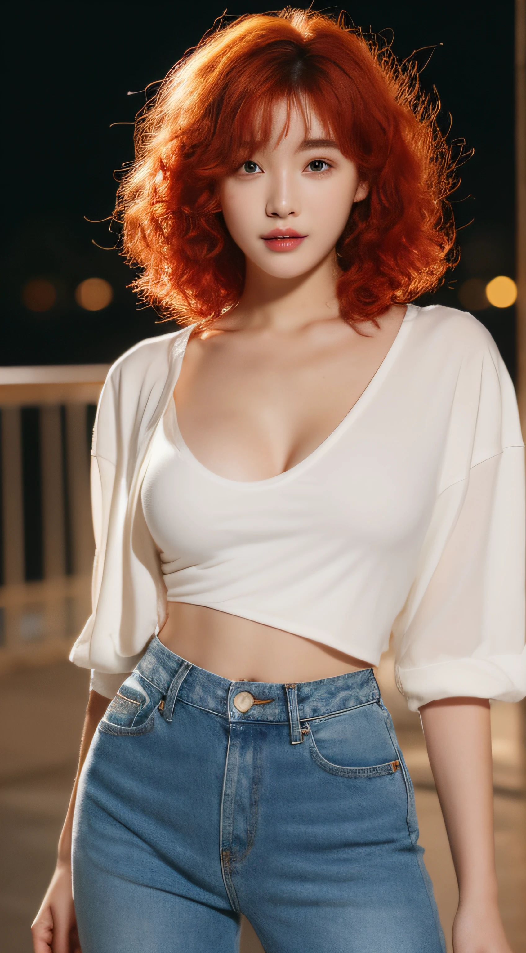 ((Realistic lighting, Best quality, 8K, Masterpiece: 1.3)), Clear focus: 1.2, 1girl, Perfect body beauty: 1.4, Slim abs: 1.1, ((Red hair, Milk: 1.3)), sex e pose, (outside, night: 1.1), night super fine face, fine eyes, double eyelids, curly hair, long hair, fair skin, big breast, shorts jeans, nipple peaking, can see the nips , out ,