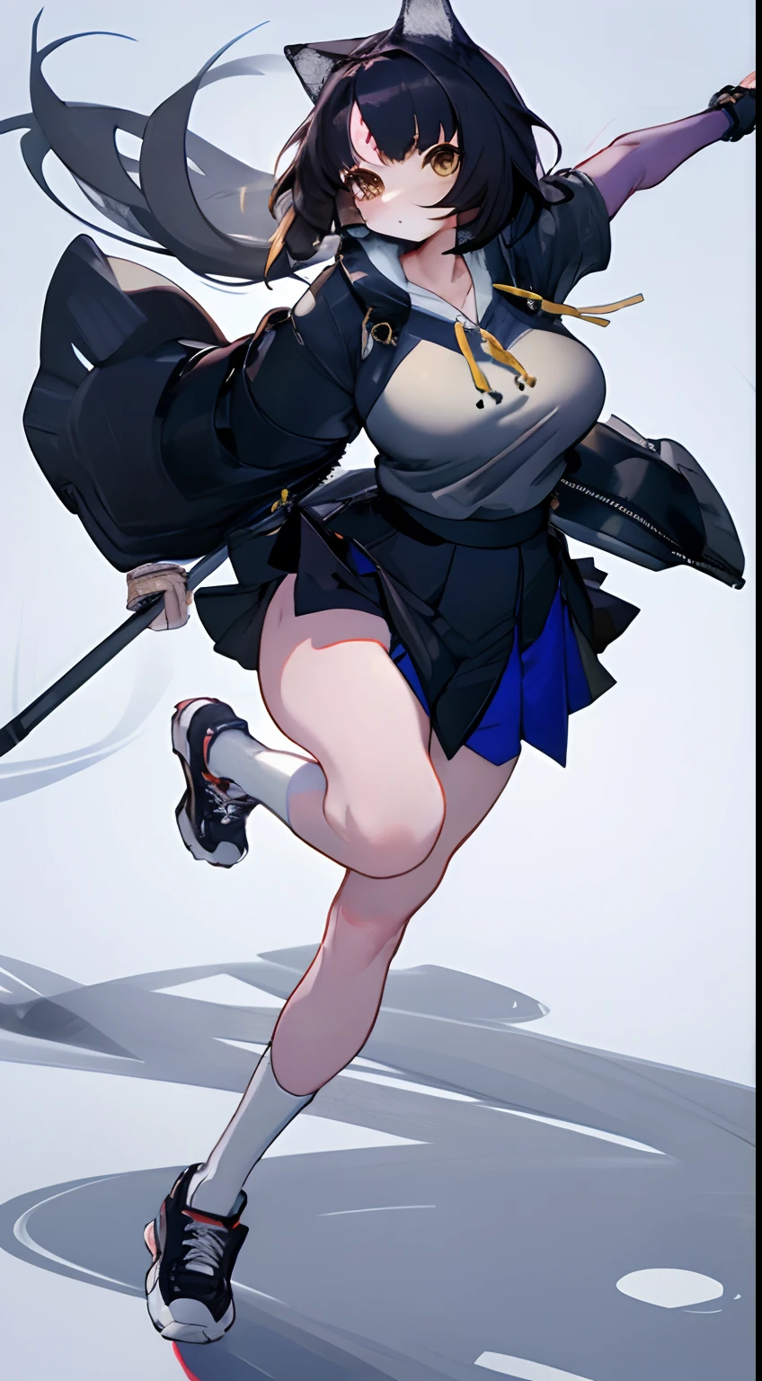 Bigboobs，cropped shoulders，knee length socks，pleatedskirt，athletic sneakers，hoody，Stand up