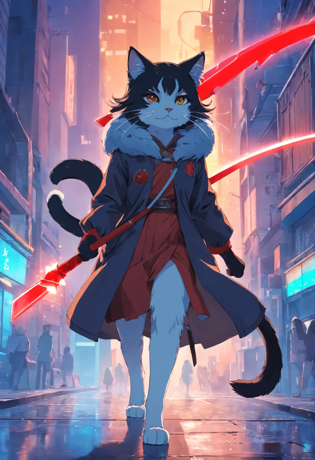 A bipedal cat with grey and black fur, Carrie’s a giant battle ax, wears a adventurous out fit with a leather coat, has a red aura that strengthens him, Anime Key Visual, by Makoto Shinkai, Deep Color, Intricate, 8k resolution concept art, Natural Lighting, Beautiful Composition