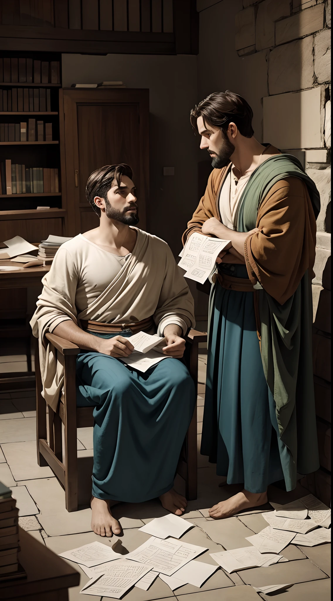 two twin men who were discussing in the room, scattering papers, dramatically,4th century