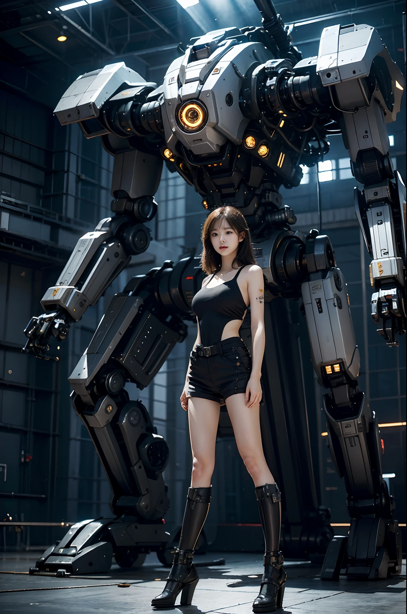 ((tmasterpiece,best qualtiy)),Large mechanical robot structure,1girl stands in front of the audience
