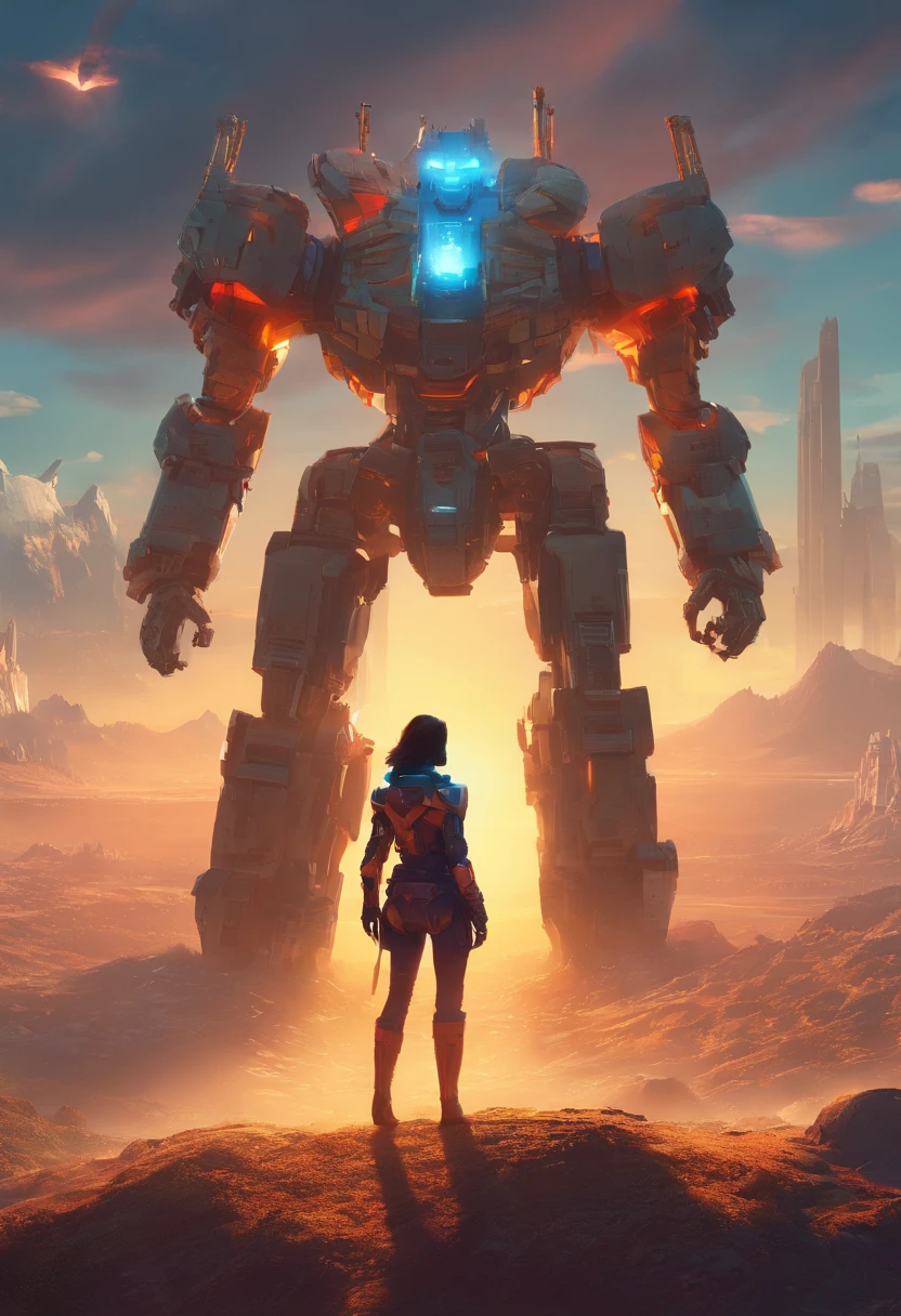 (The future female warrior stands on the hill,looks into camera),(irate),(There is a huge mecha engine object in the sky,The image of Optimus Prime),tv series《base》Leah Harvey, album cover concept art, jessica rossier fantasy art, in the style of beeple, The aura is infinite!!, by jessica rossier, artgem and beeple masterpiece, inspired by jessica rossier, arstation and beeple highly, Halo / nimbus