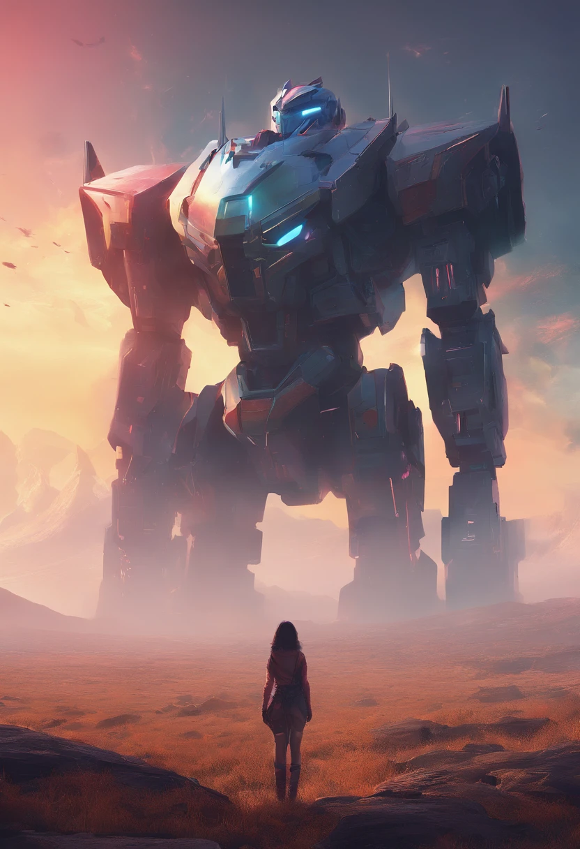 (The future female warrior stands on the hill，Glaring angrily at the camera），（There is a huge mecha engine object in the sky，The image of Optimus Prime），tv series《base》Leah Harvey， album cover concept art, jessica rossier fantasy art, in the style of beeple, The aura is infinite!!, by jessica rossier, artgem and beeple masterpiece, inspired by jessica rossier, arstation and beeple highly, Halo / nimbus