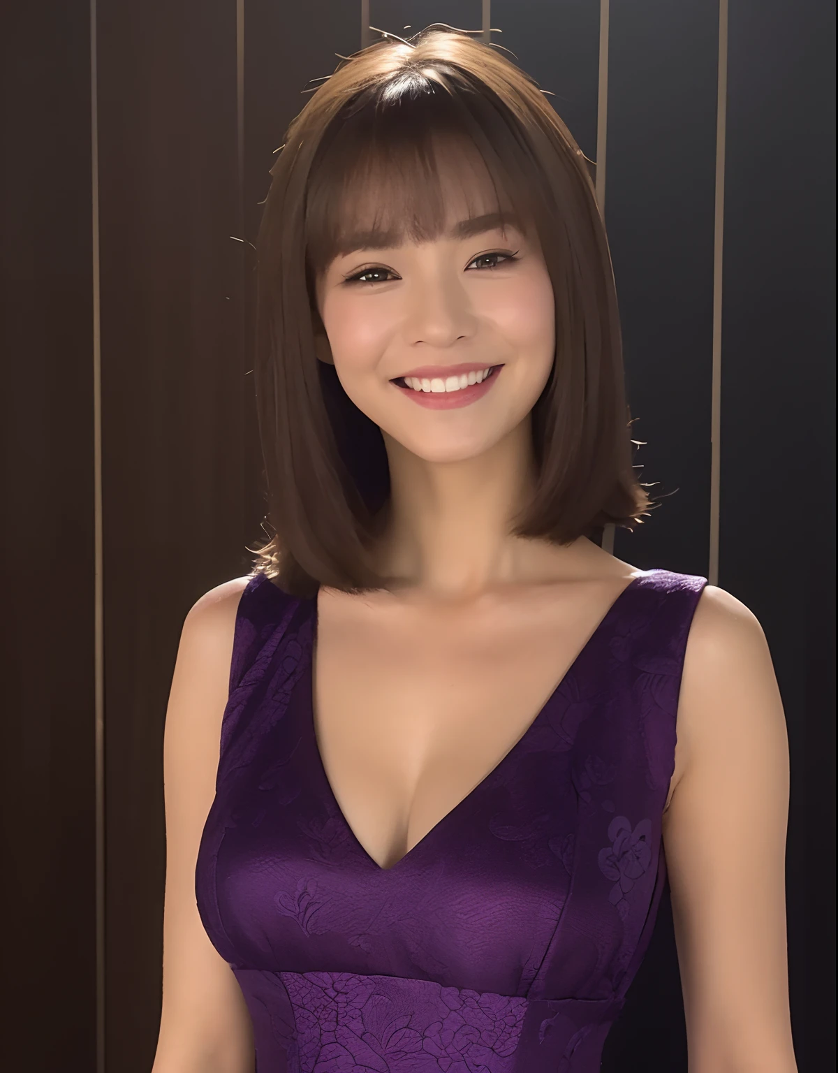 ((mid night, top-quality, in 8K, masterpiece :1.3)), foco nítido :1.2, Pretty women:1.4, Slightly chubby, ((dark brown hair, Beautiful breasts:1.2)), (short torso, {{{thick arms}}}, {{{Very long legs}}}, {{{Different clavicles}}}, {{{de pele branca}}}, {{{ligh brown hair}}}, {{small head}}},{{32years old}}, {{{FULL BODYSHOT}}}}, {{{Erotic lips}}}, {{{Look at viewers}}}, {{{Purple cheongsam to highlight breasts}}}, {{{Golden floral dress}}}, {{{Neat and clean figure}}}, ), ((Dark brown wooden wall background)), Smile and skin texture, A detailed eye, 二重まぶた