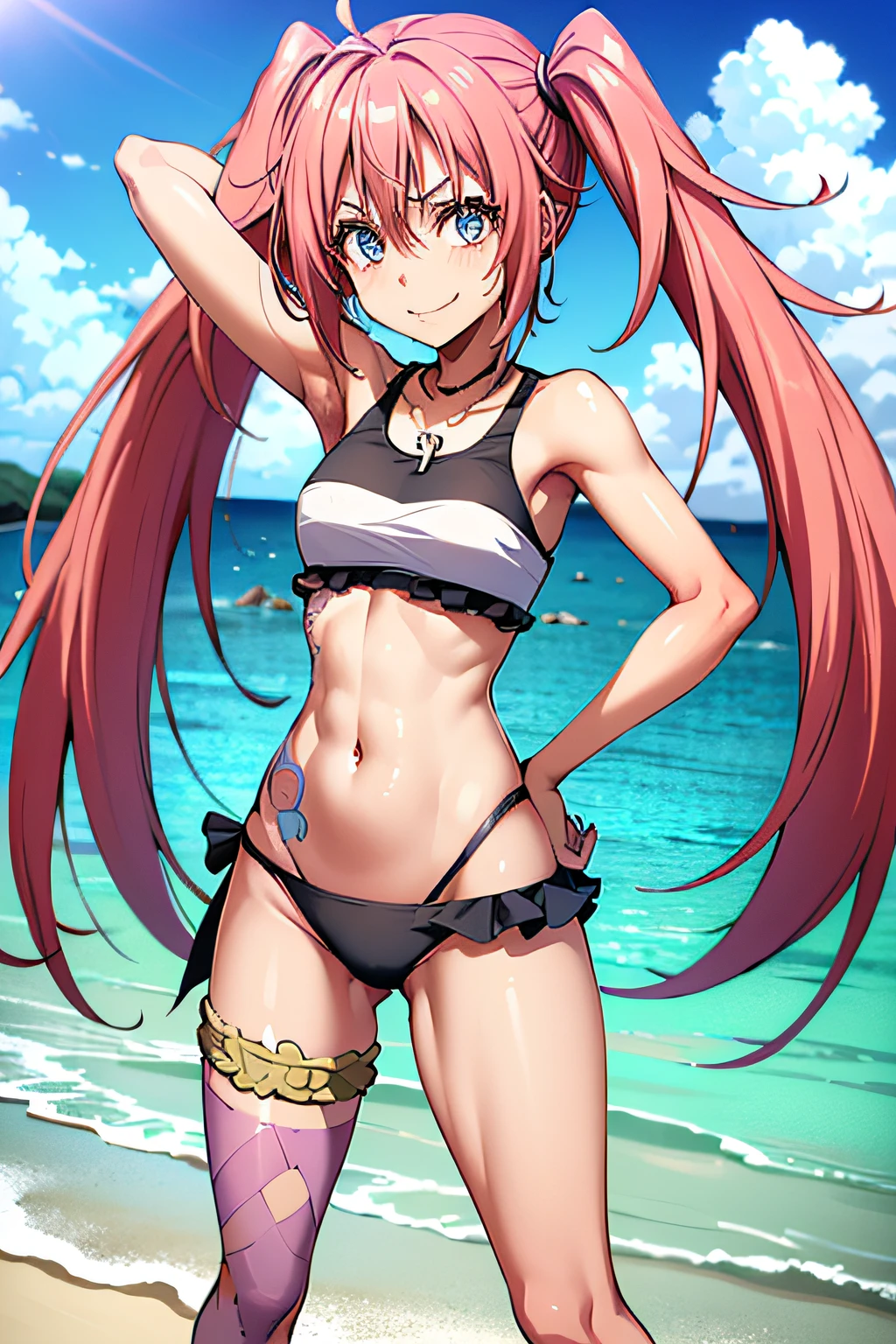 ((female)), (very messy hair), (sorriso feliz), presas, ((abdominais rasgados)), Toned arms and legs, peitos pequenos, Suor excessiva, (Summer beach scenery), olhos bem azuis, bare-legged, standing with his hands on his waist, (( fotografia de corpo inteiro))