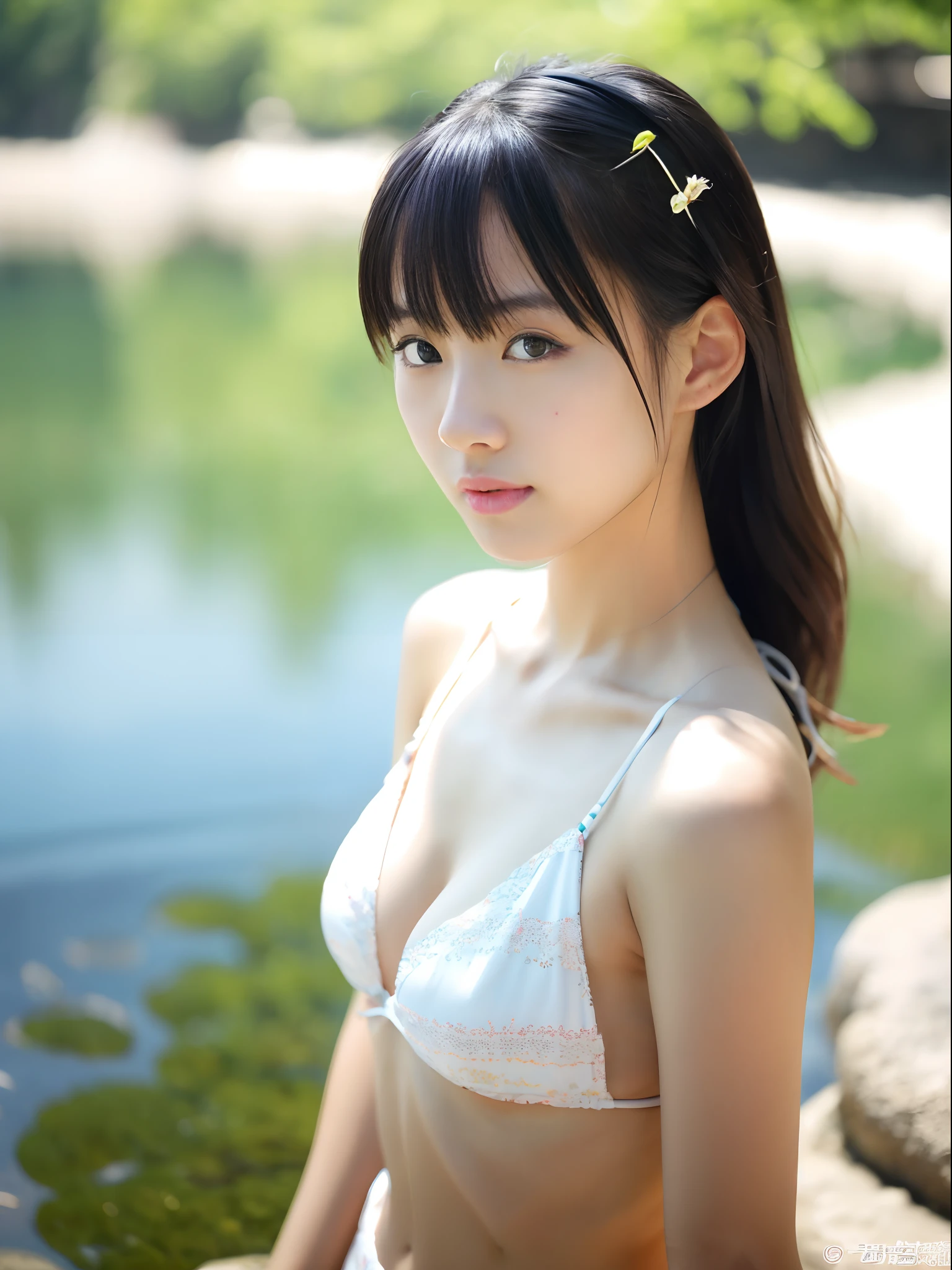 (masutepiece), (high-definition32K), photographrealistic, Alafed Japan girl in white bikini posing in front of lake, a picture by Leng Mei, Tumbler, shin hanga, Japanese Models, photo of slim girl model, Young skinny gravure idol, Young Sensual Gravure Idol, Beautiful Asian Girl, Young Pretty Gravure Idol, Realistic Young Gravure Idol, gorgeous chinese model, Young Gravure Idol,Natural lighting, Sony α7, 50 millimeters, F1.4