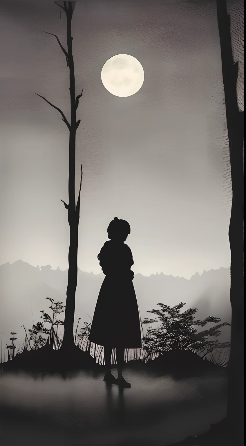 [butterfly:misty woods:0.4], a silhouette of woman in the far away, A watercolor painting, There is a moon in the sky, on a dark night. Low light, no glares. Just a natural night. There is a dense forest and a light rain falling. Branches dripping rainwater.