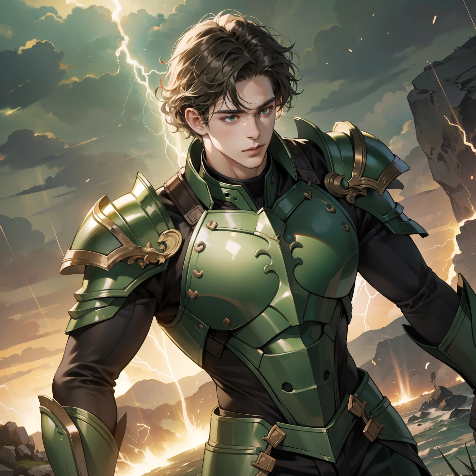 Masterpiece, high quality, best quality, HD, realistic, perfect lighting, detailed body, 1 man, curly hair, facial expression, green armor, lightning background.