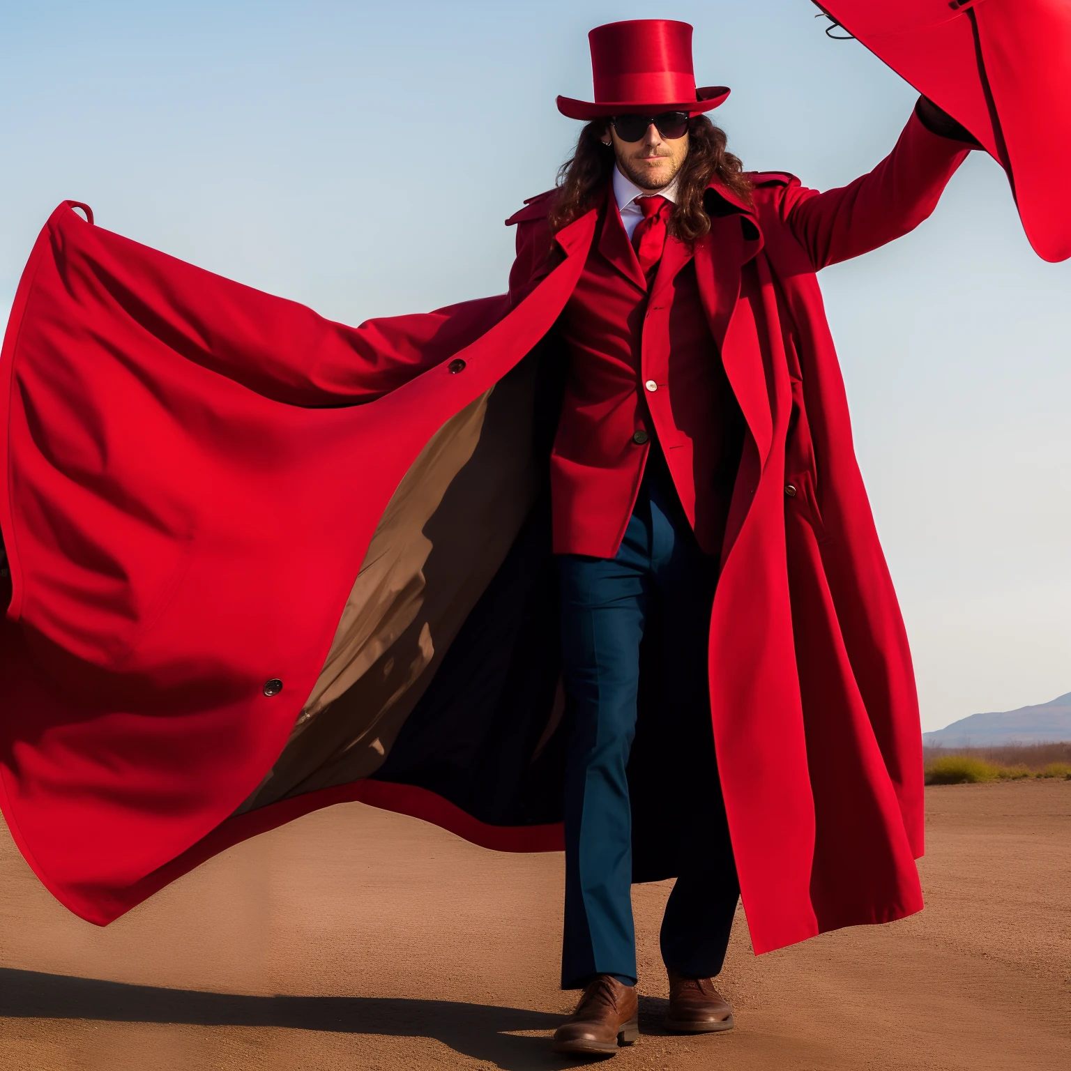 Tall man in red trench coat with big red top hat with long hair sunglasses and an obscured face