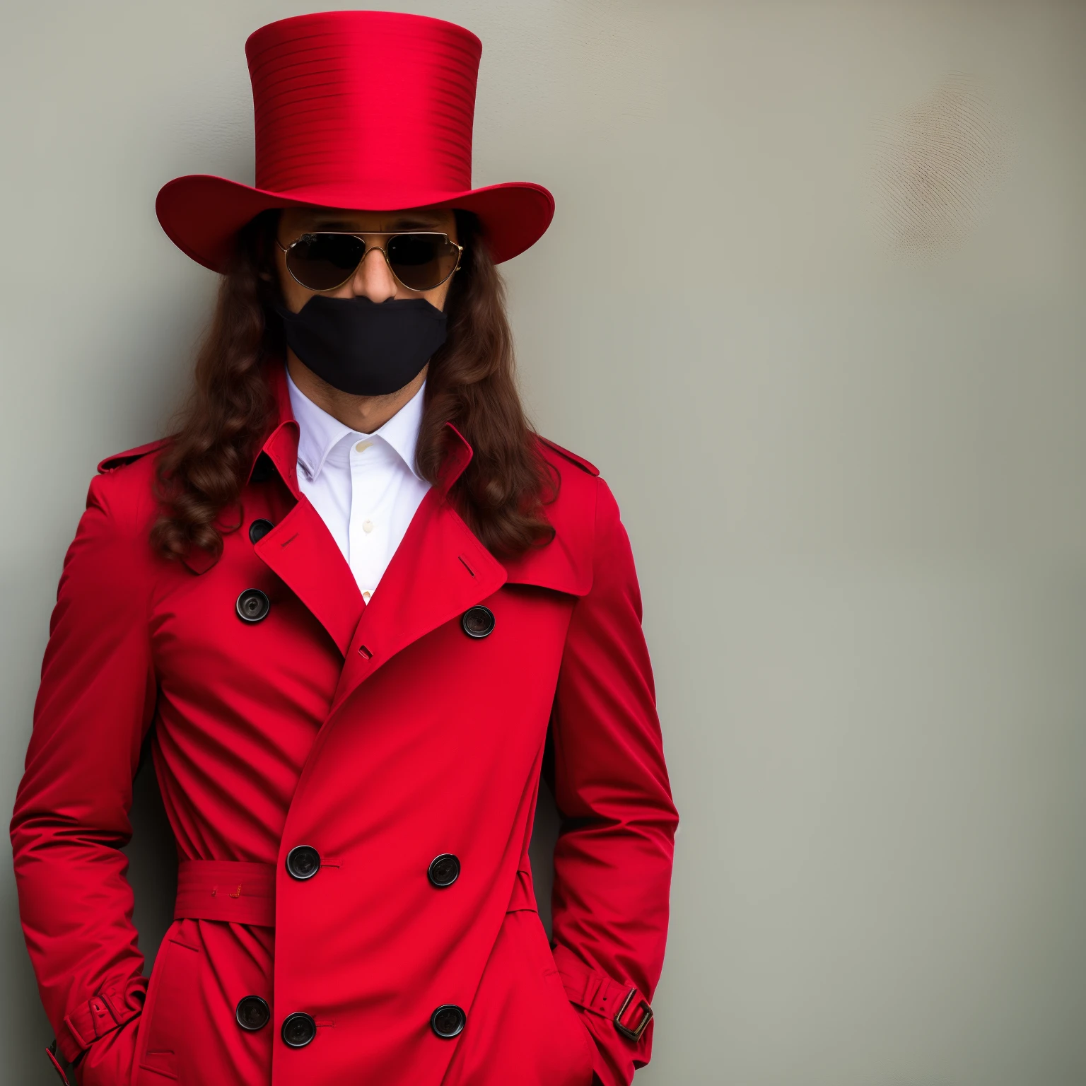 Tall man in red trench coat with big red top hat with long hair sunglasses and an obscured face