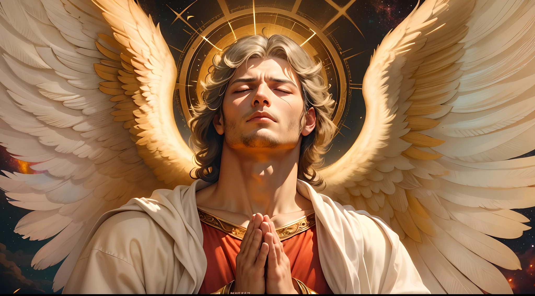 Closeup of an image of a man angel praying and blessing, arcanjo homem com asas grandes, o anjo da fortuna, perfeito, Reslistic, Biblical setting, celestial scenery, sol e nuvens ultras realistas, flores e velas, illuminated archangel of heaven, Passes em segundo plano, flores coloridas, velas acesas, roupas brancas e vermelhas