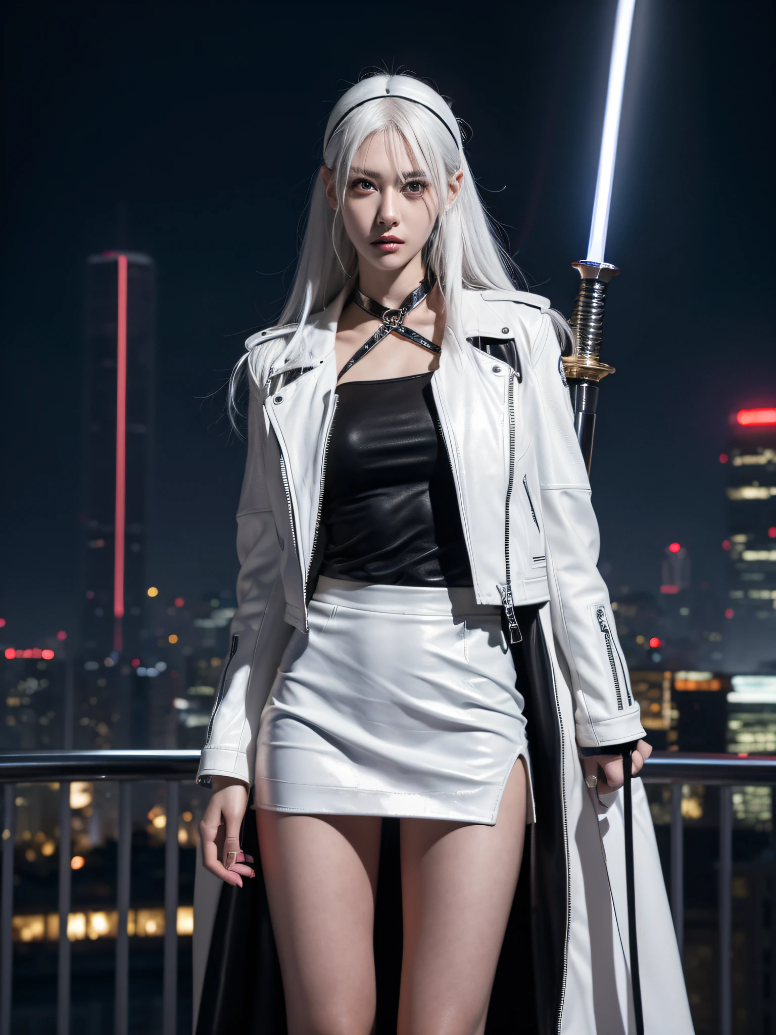 Height 168 cm，Big chest and long legs，White hair band with metallic glowing eye sockets，Holding a glowing sword，Wearing a white leather jacket and leather skirt，Small upturned nose，Delicate face，Hand strap metal ring，Half leaky chest，The skirt should be especially short，Stand on the top of a tall building，Super realistic