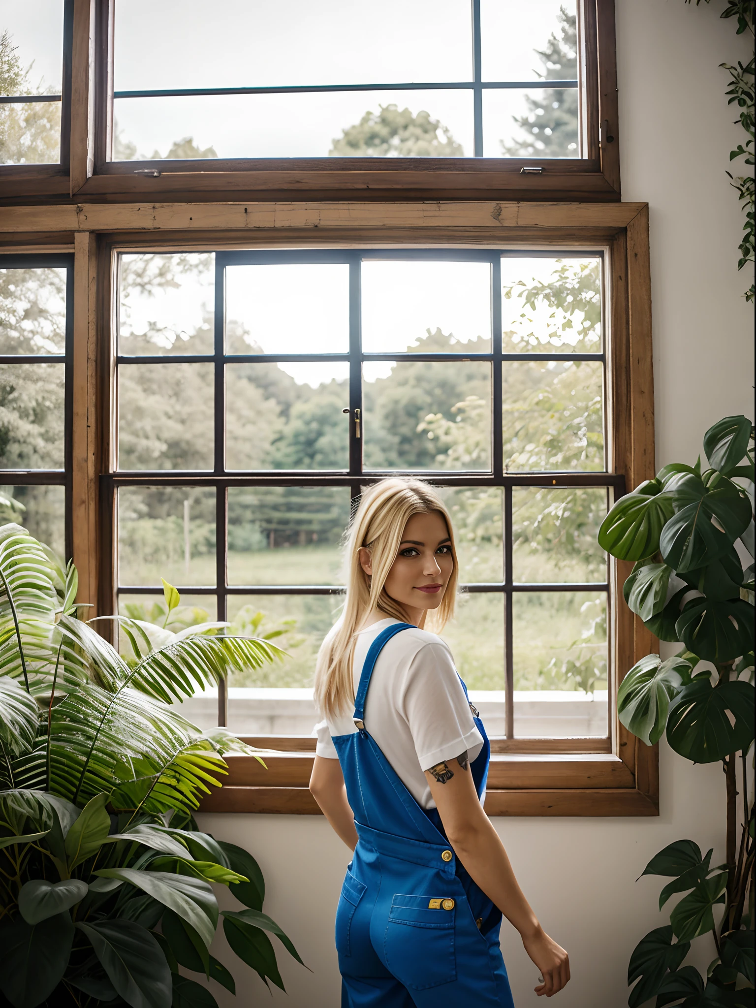 40 years old, woman, gorgeous cute Argentinian girl, the tattoo, ichigestyle, 1girl, solo, medium blonde hair, heart, in the factory, trees, plants, window, blue dungarees, girl, masterpiece, best quality, helltaker