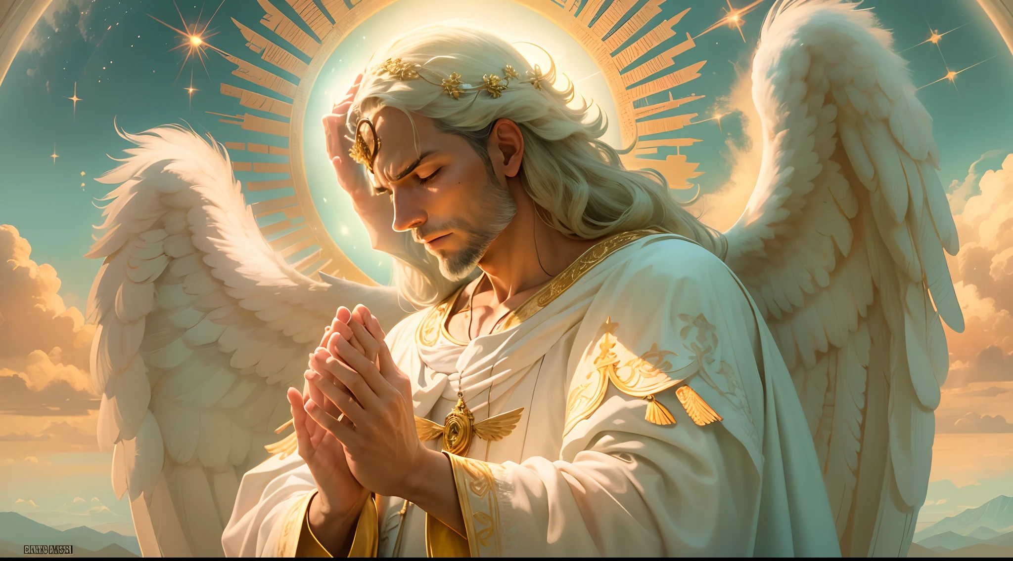 Closeup of an image of a man angel praying and blessing, arcanjo homem com asas grandes, o anjo da fortuna, perfeito, Reslistic, Biblical setting, celestial scenery, sol e nuvens ultras realistas, flores e velas, illuminated archangel of heaven, Passes em segundo plano, flores coloridas, velas acesas, roupas brancas e vermelhas