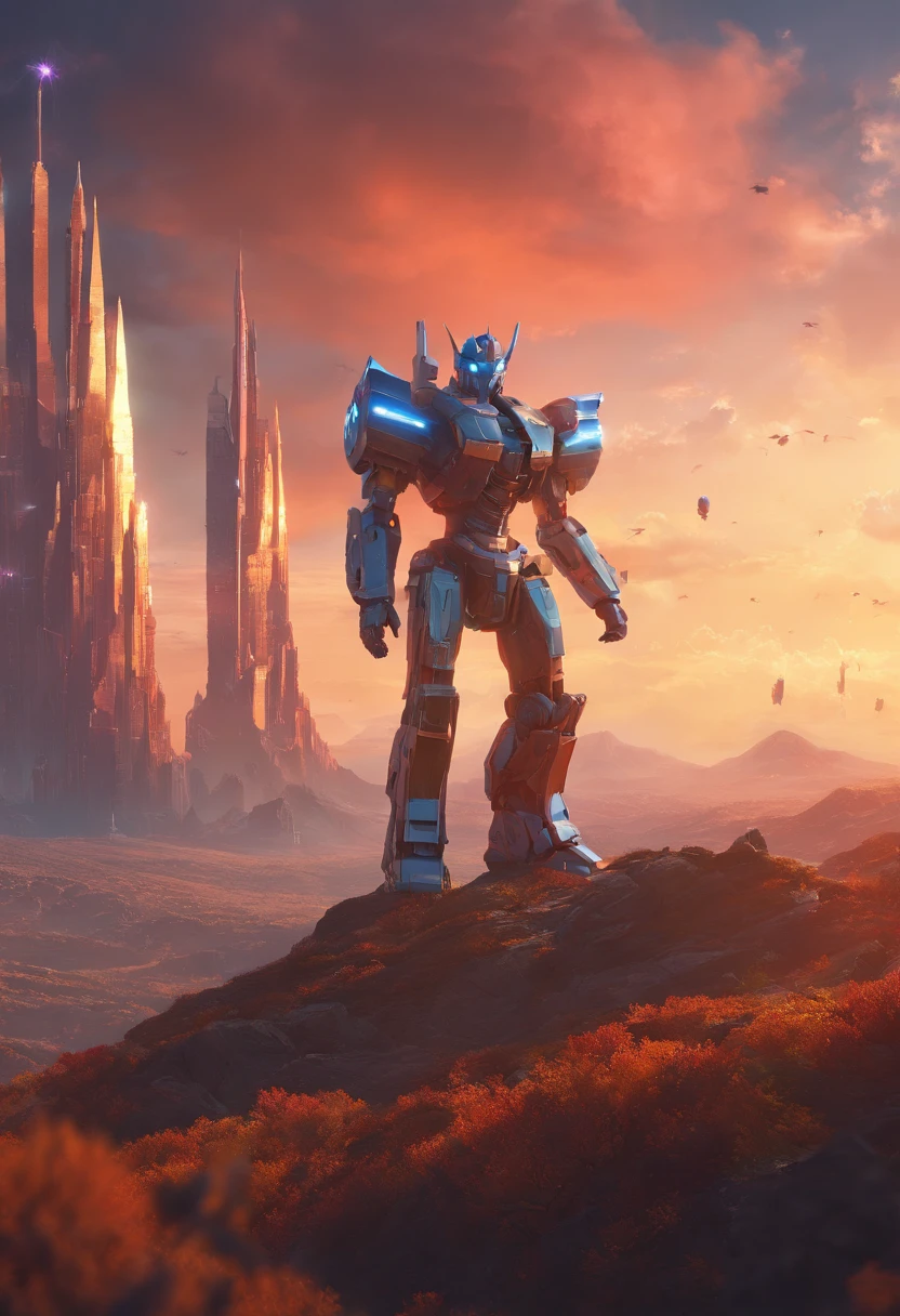 (The future female warrior stood on the hill and watched the audience:1.37),(There is a huge mecha engine object in the sky,The image of Optimus Prime),tv series《base》Leah Harvey, album cover concept art, jessica rossier fantasy art, in the style of beeple, The aura is infinite!!, by jessica rossier, artgem and beeple masterpiece, inspired by jessica rossier, arstation and beeple highly, Halo / nimbus