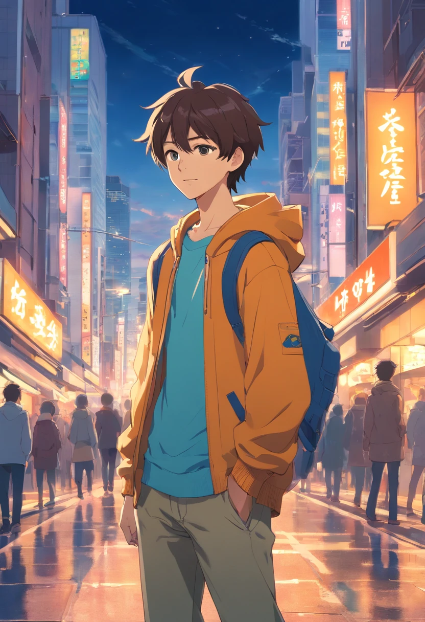 A boy, transformed into an anime style, with exaggerated unique facial features and clothing, standing on a bustling city street, backlit background highlighting the subject, high-contrast colors, 4K high-definition quality，young, smiling, handsome