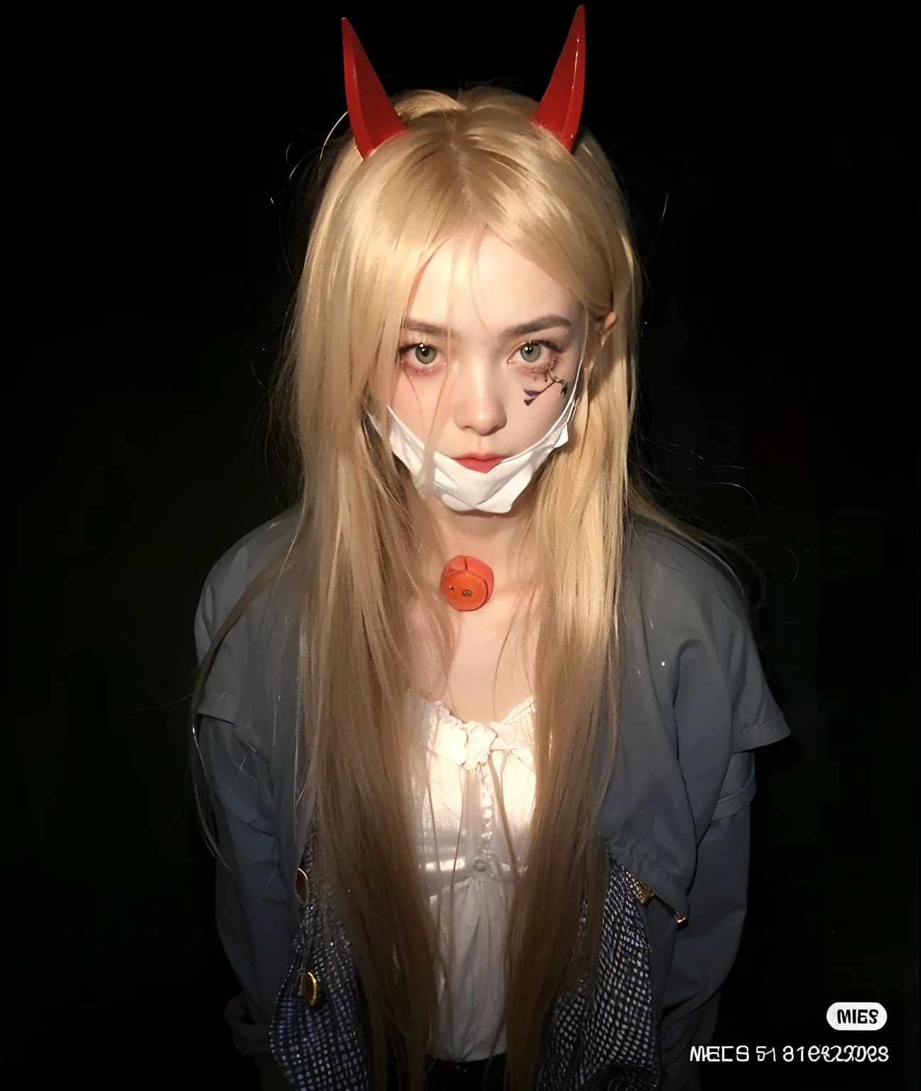 Arafed woman with long blonde hair and a white mask, mirada aterradora, overlord billie eilish, Tema espeluznante, Parece una mezcla de Grimes, foto de miedo, Retrato de Kim Petras, Parece una mezcla de mugres, con cuernos, in an alleyway during the purge, Al estilo de Halloween, Estilo aterrador, Parecido a una mezcla de mugres