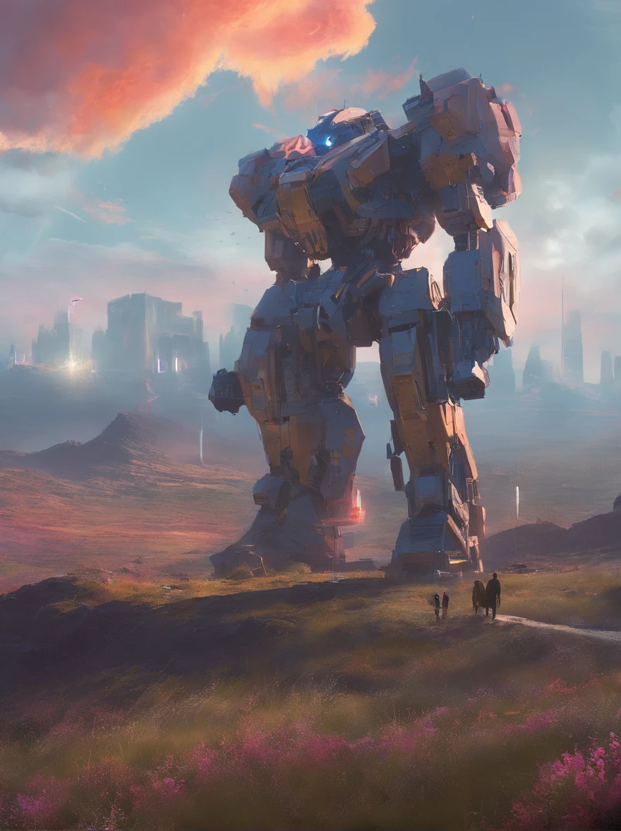 (The future female warrior stands on the hill，Glaring angrily at the camera），（There is a huge mecha engine object in the sky，The image of Optimus Prime），tv series《base》Leah Harvey， album cover concept art, jessica rossier fantasy art, in the style of beeple, The aura is infinite!!, by jessica rossier, artgem and beeple masterpiece, inspired by jessica rossier, arstation and beeple highly, Halo / nimbus