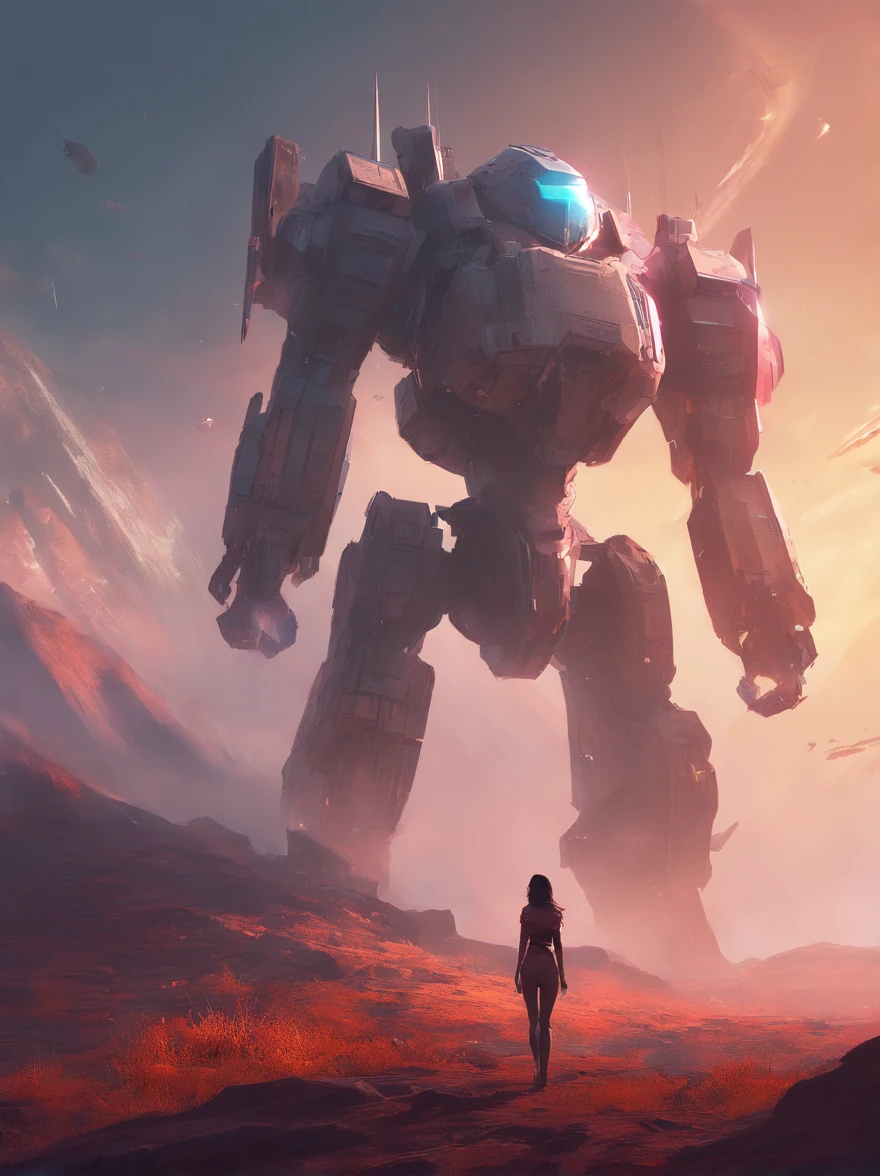 (The future female warrior stands on the hill，Glaring angrily at the camera），（There is a huge mecha engine object in the sky，The image of Optimus Prime），tv series《base》Leah Harvey， album cover concept art, jessica rossier fantasy art, in the style of beeple, The aura is infinite!!, by jessica rossier, artgem and beeple masterpiece, inspired by jessica rossier, arstation and beeple highly, Halo / nimbus