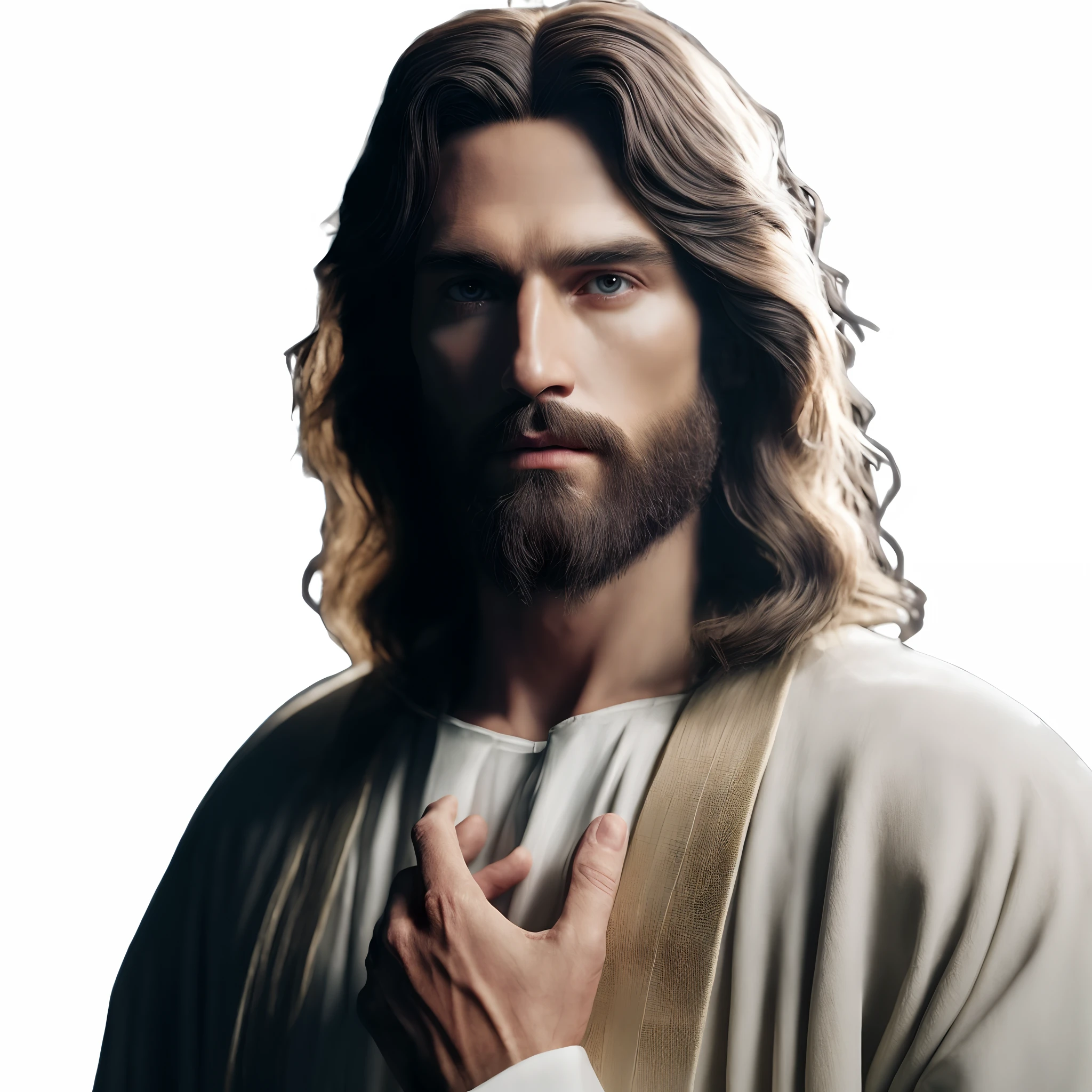 jesus with long hair and beard, wearing a white robe, jesus christ, portrait of jesus christ, jesus, tron legacy jesus christ, jesus face, jesus christ in mass effect, tron legacy jesus, jesus of nazareth, gigachad jesus, dressed like jesus christ, greg olsen, cyberpunk jesus christ, realistic 8k bernini sculpture, the lord and savior