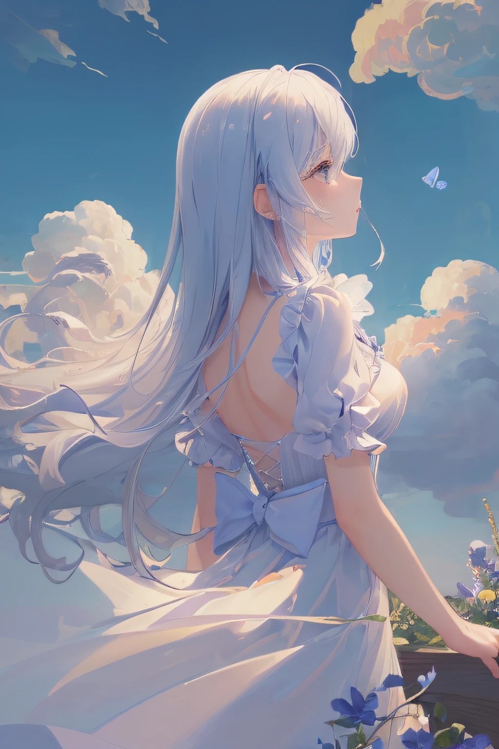 Cornflower Art、dream-like、(top-quality、​masterpiece、hight resolution、电影灯光、volume illumination、contour deepening、(back lighting)、profile、Very detailed 8k wallpaper、1girl、Lori、Chiffon dress、extremely delicate and beautiful、beatiful detailed eyes、white_hair、[[long_hair]]、medium_breasts、(cumulus:1.35)、(beautiful detailed cloud)、Blue butterfly、The upper part of the body),(soft light)