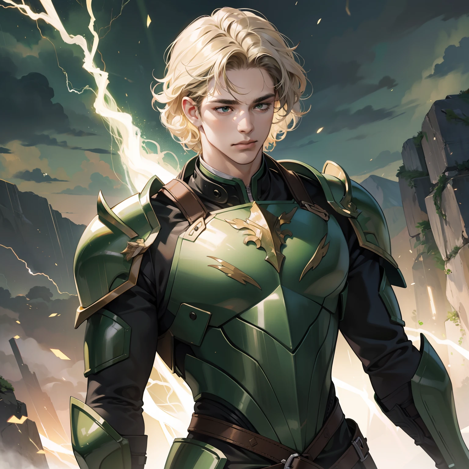 Masterpiece, high quality, best quality, HD, realistic, perfect lighting, detailed body, 1 man, curly hair, facial expression, green armor, lightning background.