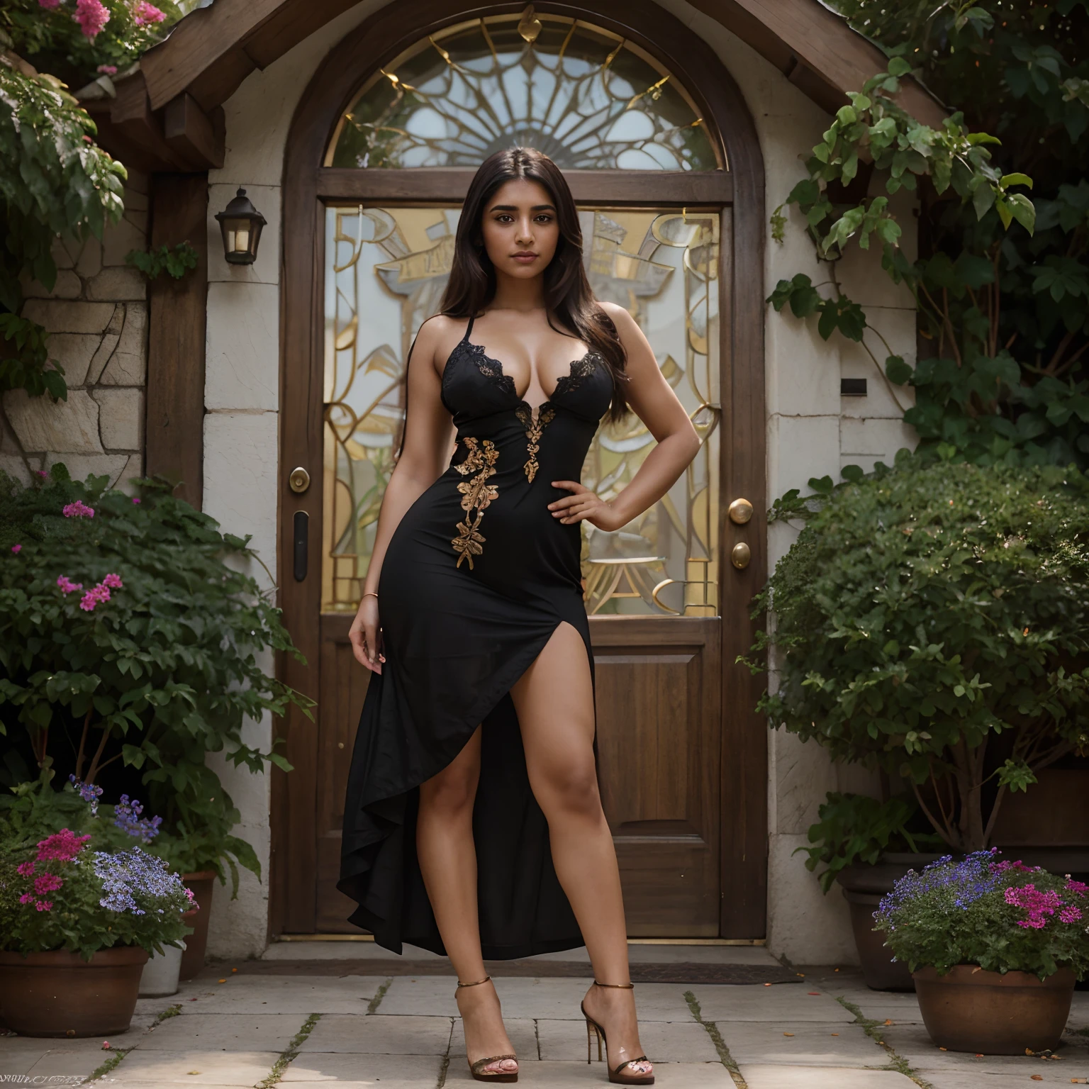 full body view picture of Latina woman, d cup sized breasts, Niveda Thomas, beautiful and aesthetic, intricate, highly detailed, detailed face, smooth, sharp focus, chiaroscuro, artgerm, greg rutkowski, ilya kuvshinov, rossdraws, alphonse mucha, long shear black dress with gold accents, see through, long dark hair, high heels, dancing in a flower garden, posing, looking down and right, camera low angle