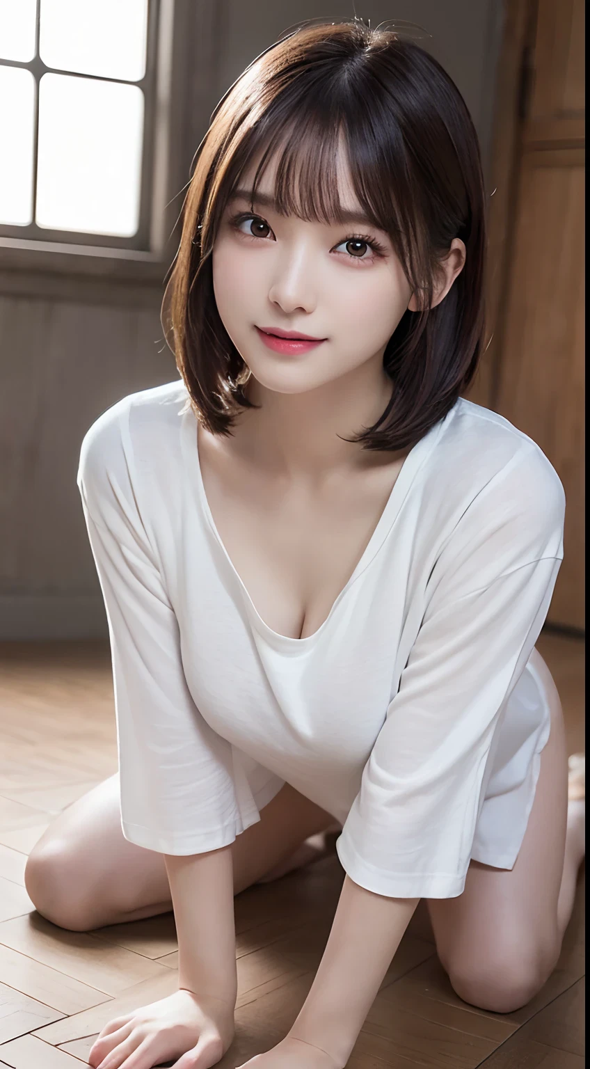 Innocent 20-year-old girl、((Oversized white T-shirt,dramatic pose)),Smile,short cut,Park background、RAW photo, (8K、top-quality、tmasterpiece:1.2)、(intricately details:1.4)、(Photorealsitic:1.4)、octane renderings、Complex 3D Rendering Ultra Detail, Studio soft light, rim lights, vibrant detail, super detailing, realistic skin textures, Detal Face, Beautiful detail eyes, Very detailed CG Unity 16k wallpaper, Make up - up, (detailedbackground:1.2), shiny skins, full bodyesbian、From head to thighs、nedium breasts,((on the floor on all fours、stick out buttocks、Place your hands on the ground))