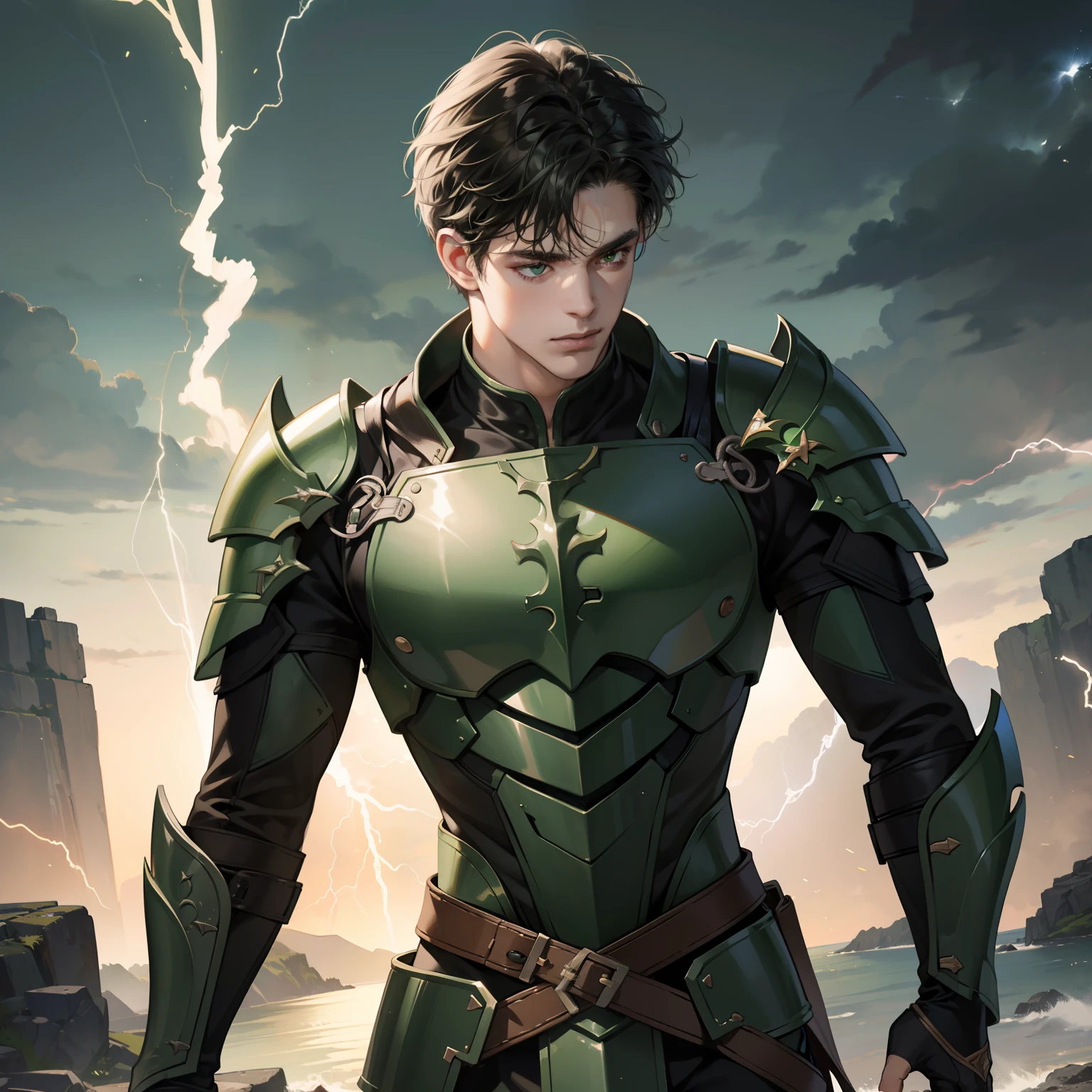 Masterpiece, high quality, best quality, HD, realistic, perfect lighting, detailed body, 1 man, black curly hair, facial expression, green armor, lightning background.