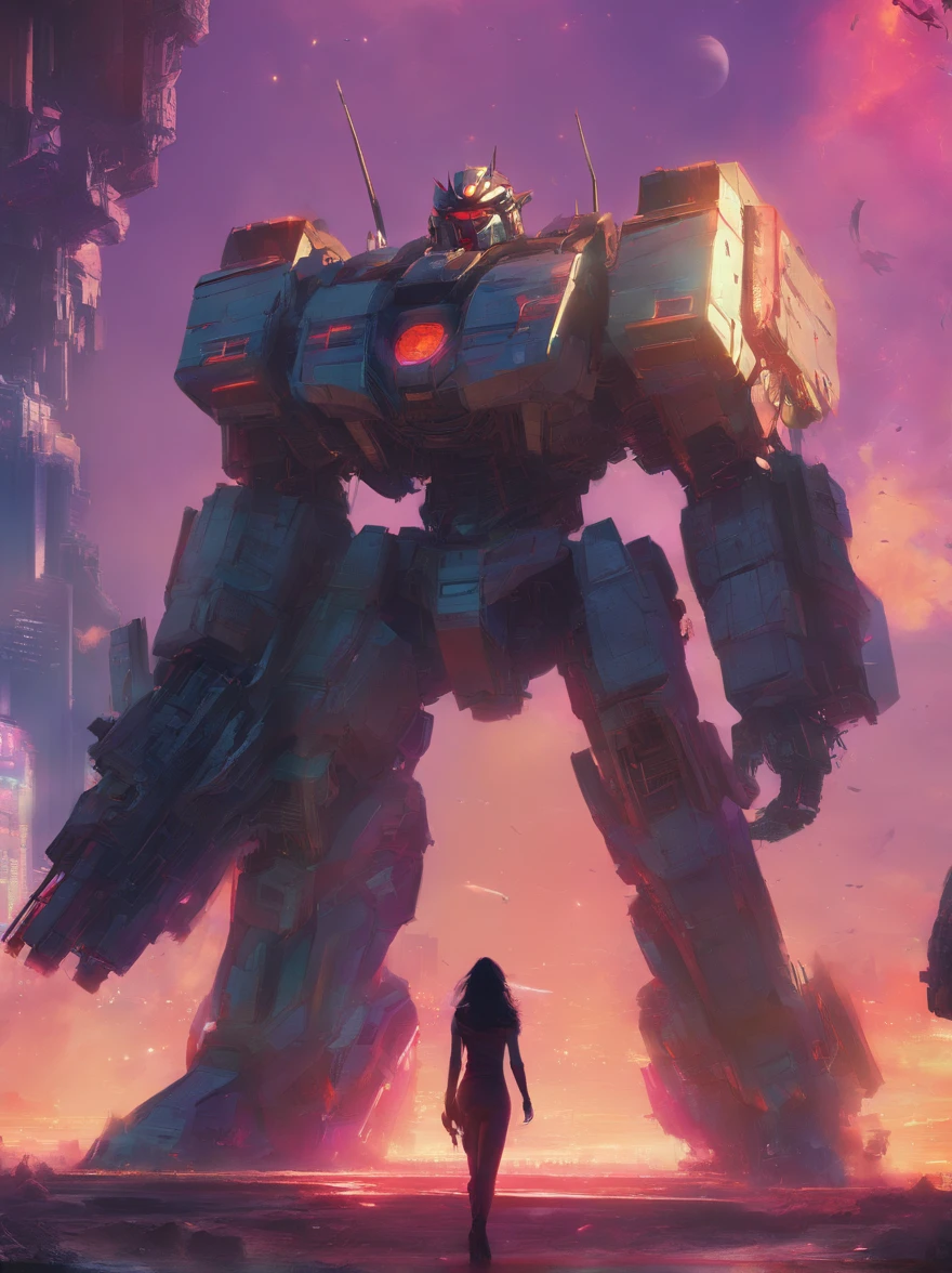 (The future female warrior stands in front of Optimus Prime,Glaring angrily at the camera),(There is a huge mecha engine object in the sky,The image of Optimus Prime),tv series《base》Leah Harvey, album cover concept art, jessica rossier fantasy art, in the style of beeple, The aura is infinite!!, by jessica rossier, artgem and beeple masterpiece, inspired by jessica rossier, arstation and beeple highly, Halo / nimbus