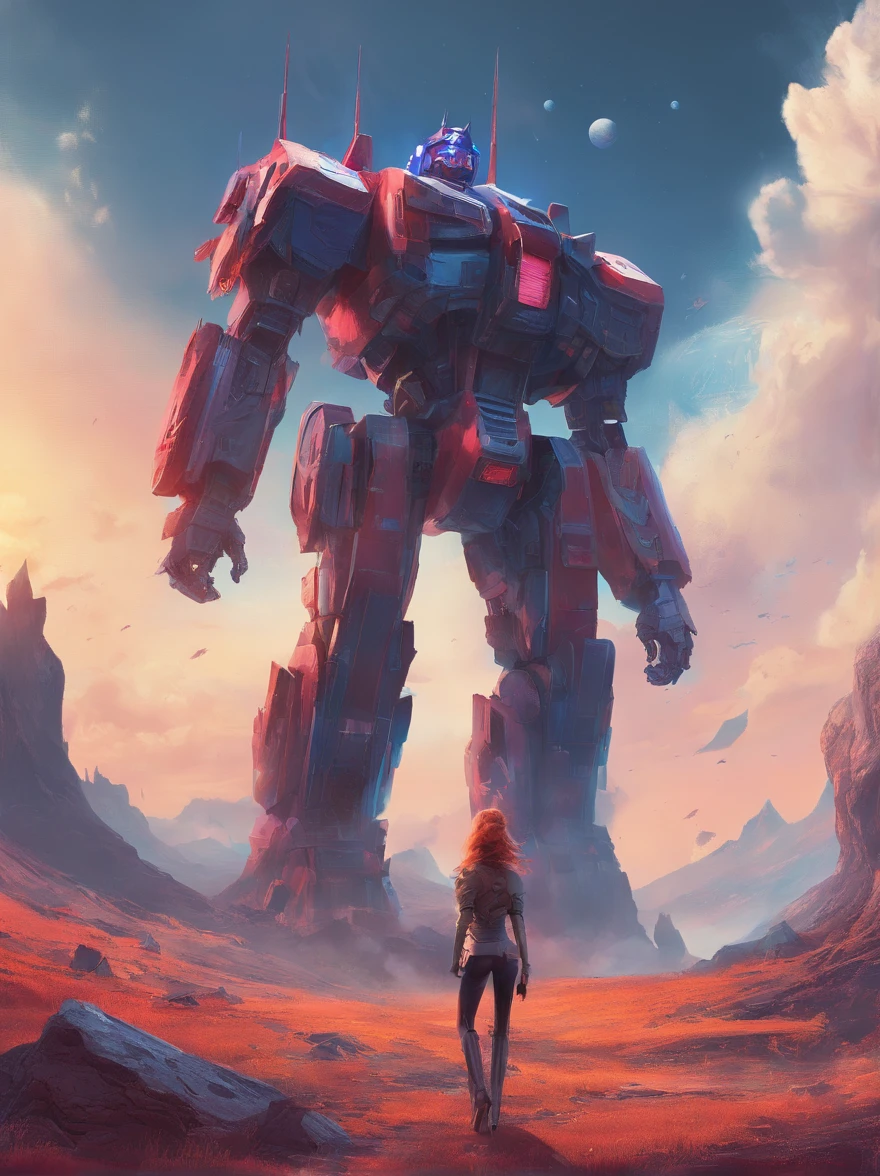 (The future female warrior stood on the hill and watched the audience:1.37),(There is a huge mecha engine object in the sky,The image of Optimus Prime),tv series《base》Leah Harvey, album cover concept art, jessica rossier fantasy art, in the style of beeple, The aura is infinite!!, by jessica rossier, artgem and beeple masterpiece, inspired by jessica rossier, arstation and beeple highly, Halo / nimbus