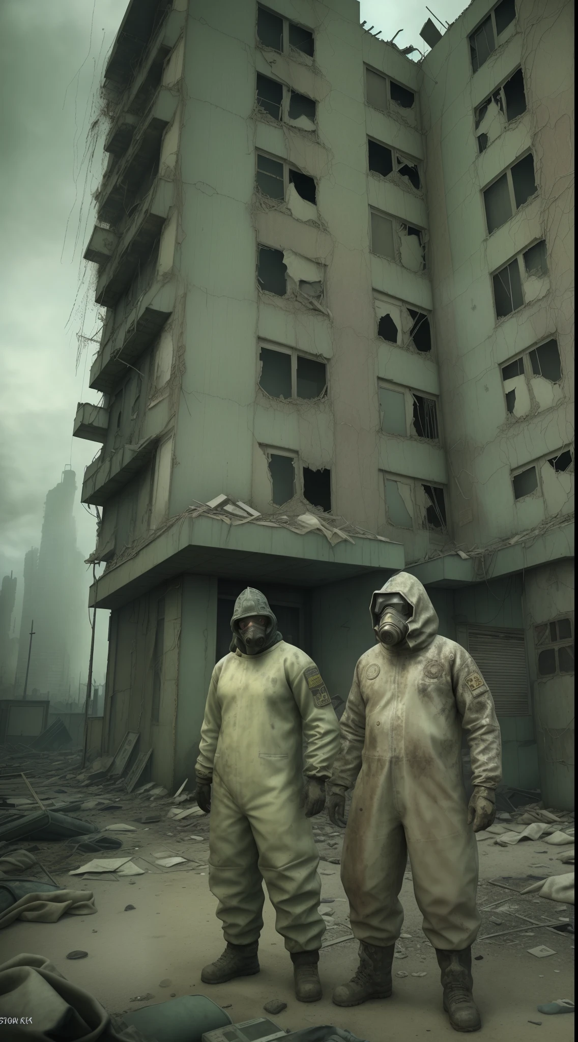 two men in protective suits standing in front of a building, in a post-apocalyptic wasteland, in a post apocalyptic city, in a post apocalyptic setting, post apocalyptic atmosphere, in postapocalypse city, ( apocalyptic ) 8 k, post apocalyptic scene, apocalyptic 8k, apocalyptic 8 k, realistic apocalyptic war scene, fallout style istanbul, post apocalyptic world, post apocalyptic view