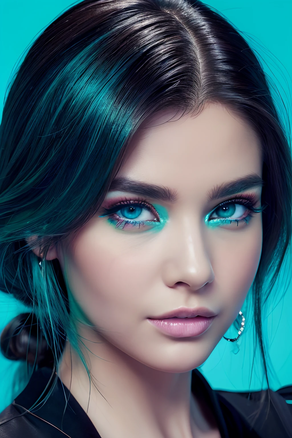 Realistic Woman、Face Barbara Palvin、Eye color is blue、All hair colors are turquoise blue、Black background、high-level image quality、