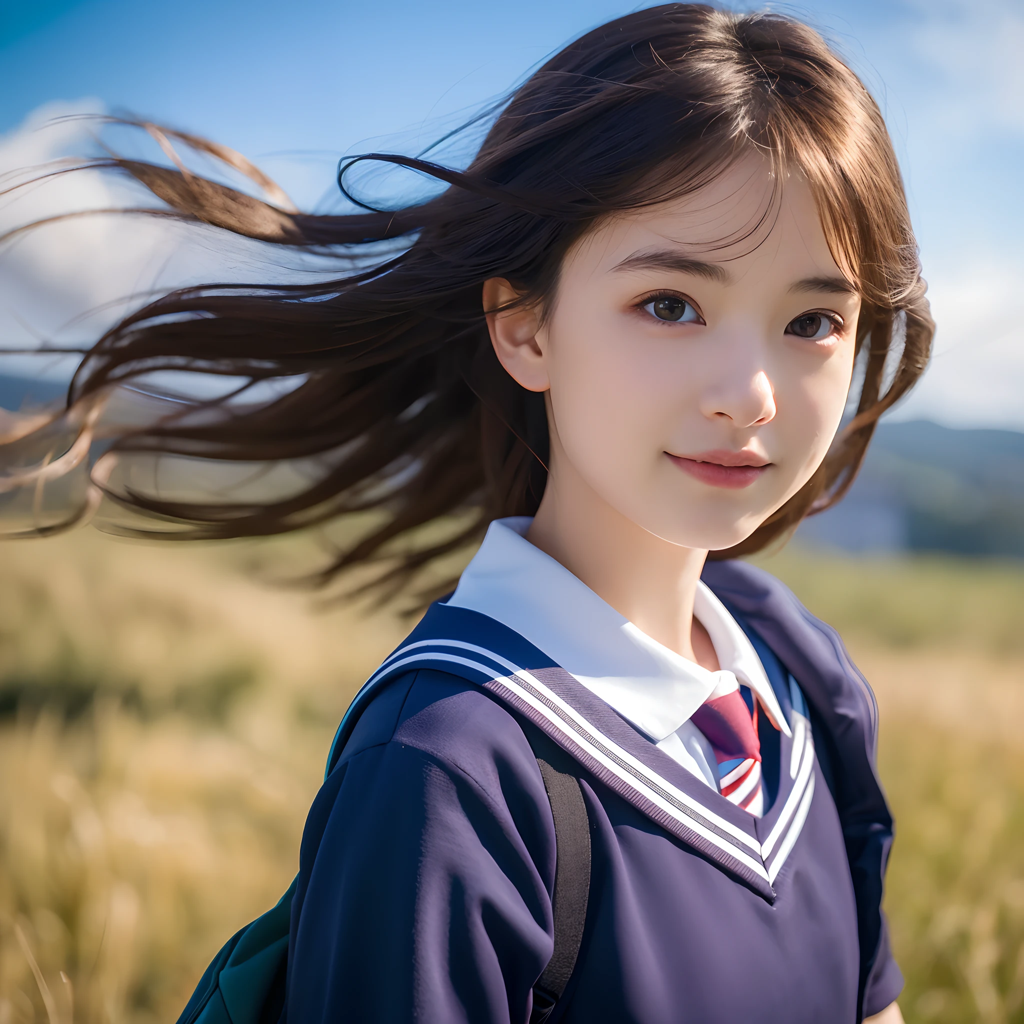 best quality, ultra high res, (photo realistic:1.4), 1 girl, hair blowing in the wind, school uniform, cute, young, posing, very long hair, sky, cloud, sunny day, professional lighting, physically-based rendering, depth of field,