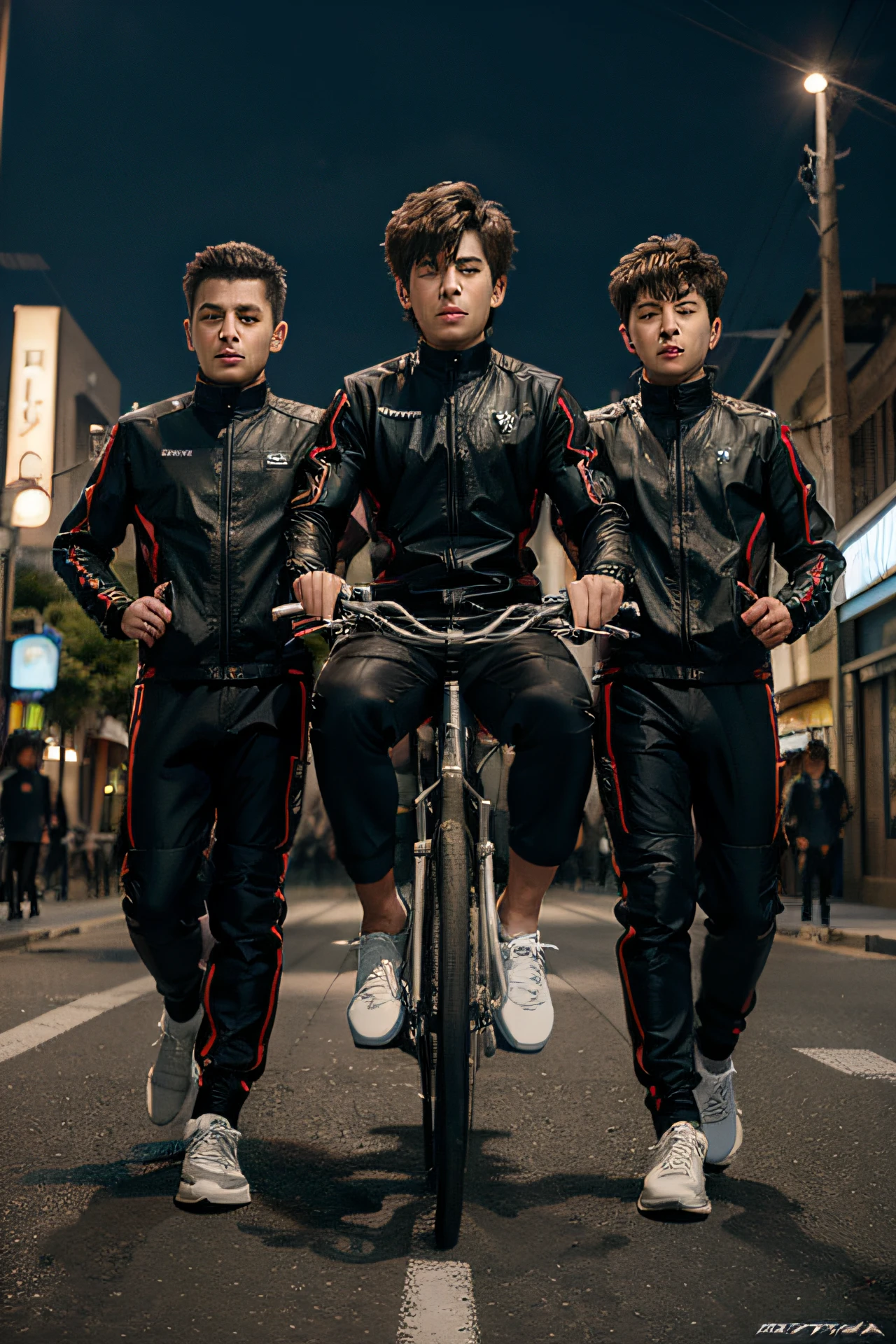 three boys on a bike anime face 8k uitra futuristic background