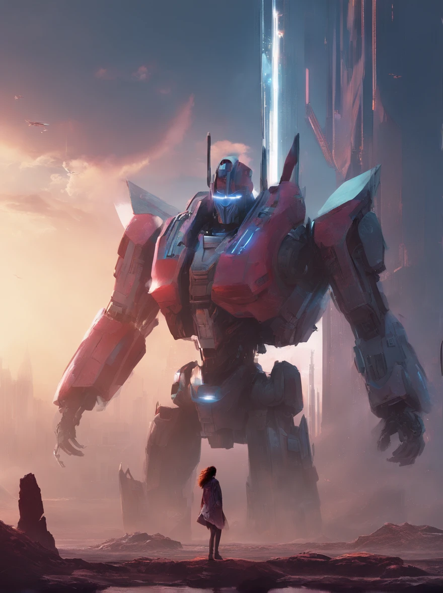 (The future female warrior leans on Optimus Prime's arm，Glaring angrily at the camera），（There is a huge mecha engine object in the sky，The image of Optimus Prime），tv series《base》Leah Harvey， album cover concept art, jessica rossier fantasy art, in the style of beeple, The aura is infinite!!, by jessica rossier, artgem and beeple masterpiece, inspired by jessica rossier, arstation and beeple highly, Halo / nimbus
