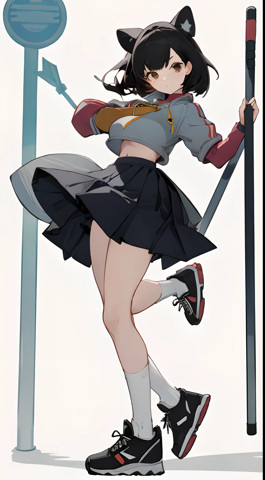 Bigboobs，cropped shoulders，knee length socks，pleatedskirt，athletic sneakers，hoody，Stand up