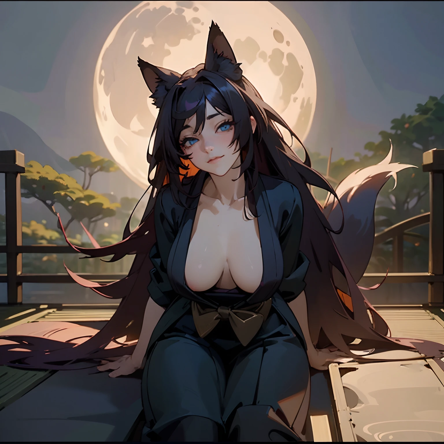 ((beautiful anime eyes with fine detail)), realistic skin, (intricate details), best lighting, depth field, ((((masterpiece)))), high quality, full color, Very delicate and beautiful girl with precision ((vivid and beautiful, shocking sensation, incredibly detailed, realistic)), (sensual:1.1), (see-through:0.7), black hair, ((very long hair)), fox ears, blue eyes, profile, large breasts, plump thighs, (cleavage: 0.8), (((dark voluminous fox tail))), oversized_sweater, leaning forward, smiling, glowing moon in background, old Japanese architecture, drawing outside from inside, Japanese garden, night