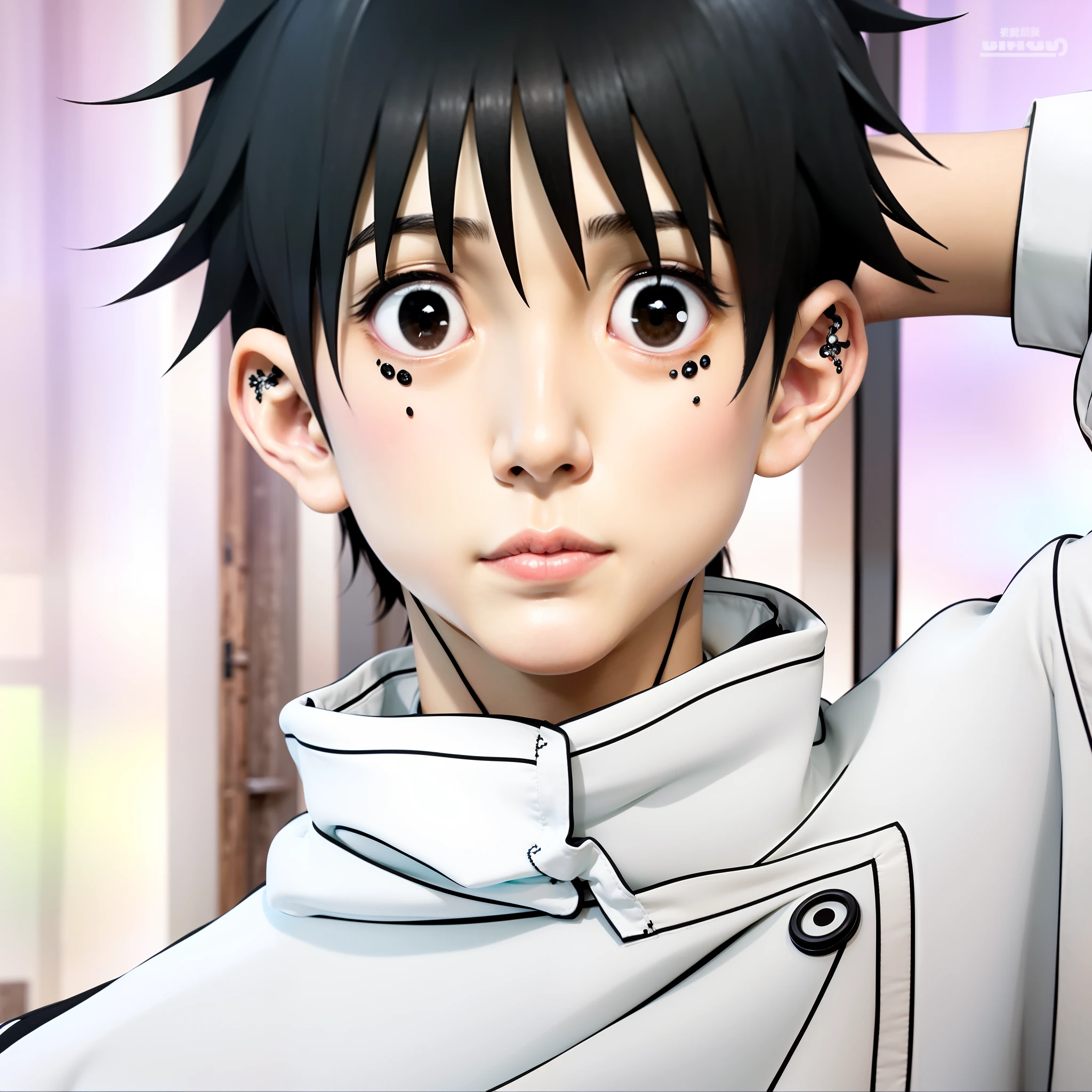 A boy with black hair and white shirt looking at camera, yuuta okotsu from Jujutsu Kaisen, High quality image, masterpiece, detailed hair texture, detailed skin texture, detailed cloth texture, 8k, add fabric details, ultra detailed skin texture, ultra detailed photo, skin pores, cloth details, high skin details, realistic hair details