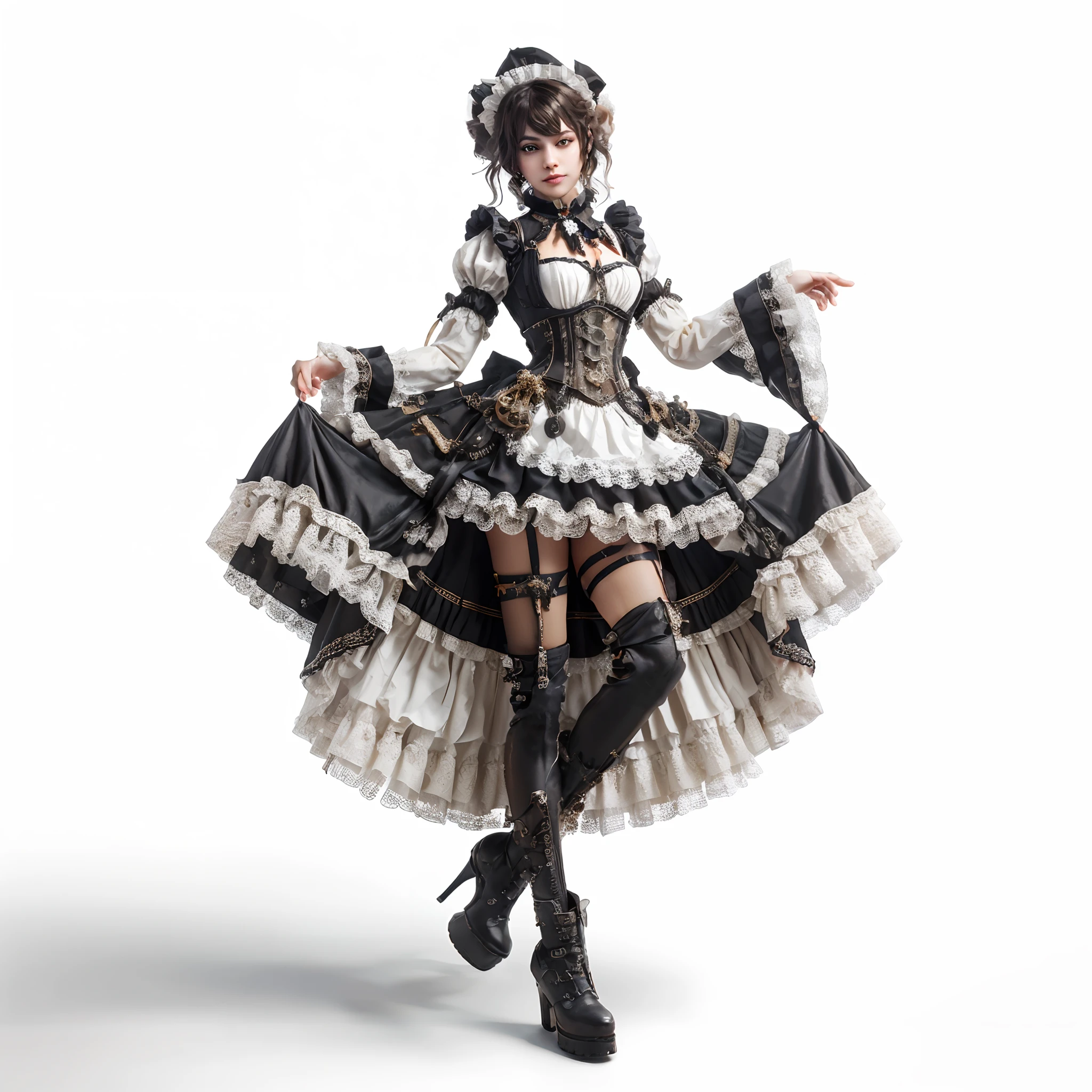 araffe dressed in a black and white dress and boots, steampunk beautiful realistic woman, render character art 8 k, render of a cute realistic girl, render of mirabel madrigal, realistic girl in a maid costume, render of april, maid outfit, in detailed steampunk dress, 8k octae render photo, style game square enix