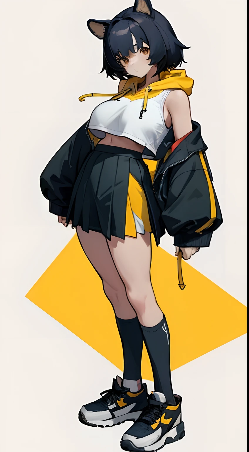 Dog ears，Bigboobs，cropped shoulders，knee length socks，pleatedskirt，athletic sneakers，hoody，Stand up