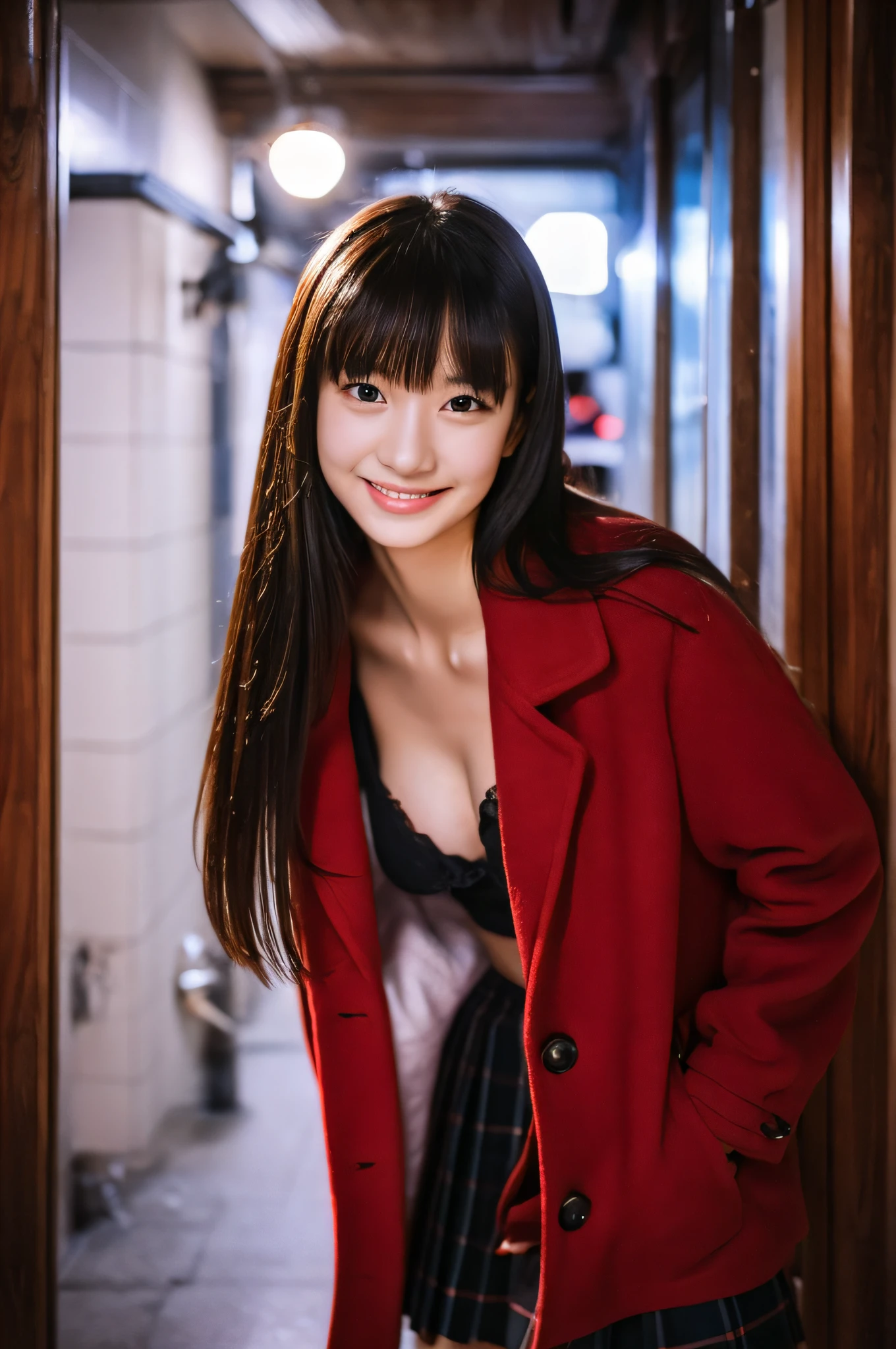 hight resolution,masutepiece,Best Quality,Extremely detailed,NSFW,1girl in,city, Street,arms behind back, Black skirt, Red coat, Eye focus,famous artwork, clean, Cinematic lighting, Beautiful eyes + detail, Beautiful hair + detail, (cute young female body:1.4), (Cute small breasts), lactation, Happy:1.3, Smile:1.3, sexy looking at the viewer, Sexy lips, Floating hair, Indoors, doorway, door open, Japanese