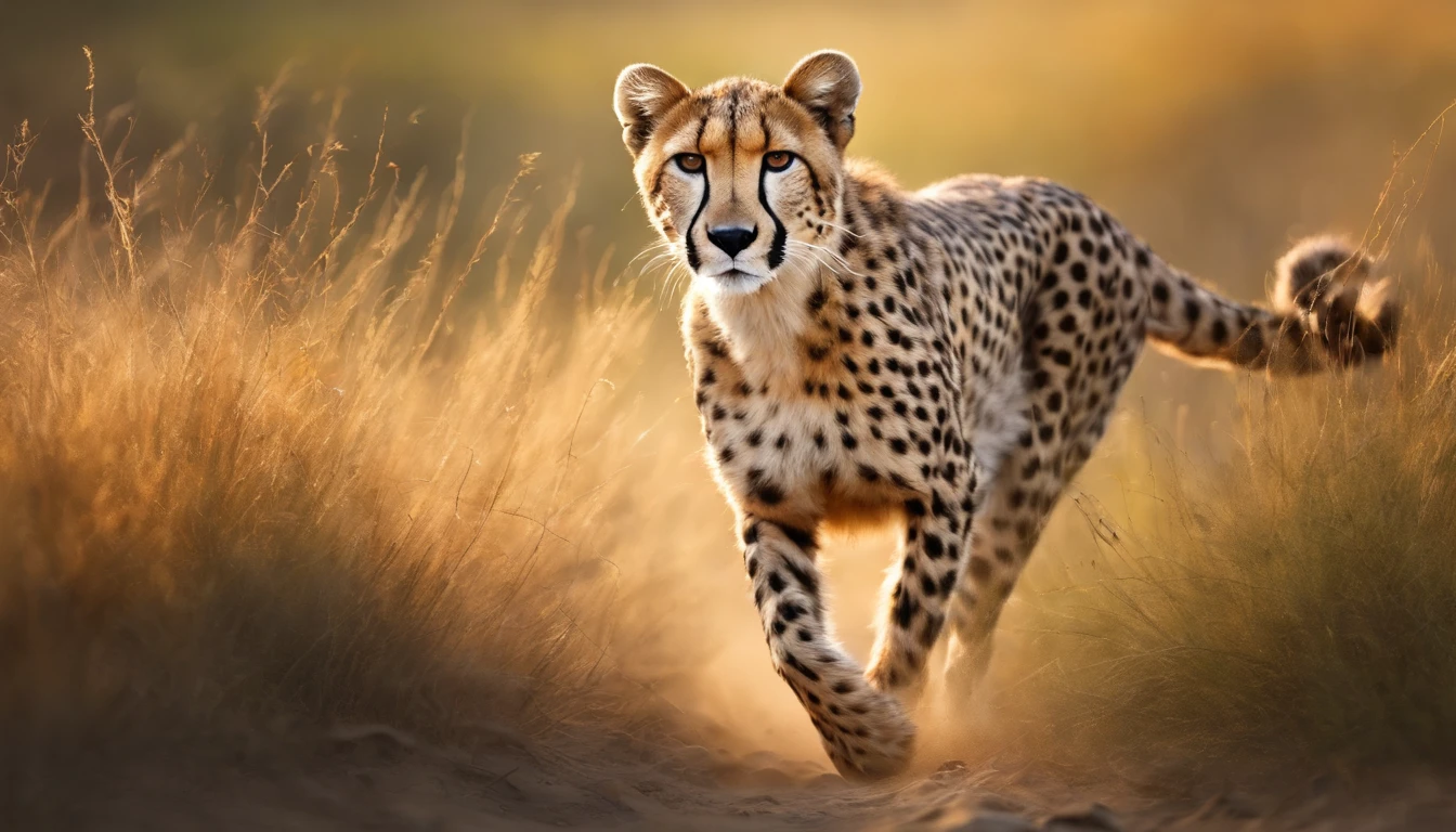 (best quality,4k,8k,highres,masterpiece:1.2),ultra-detailed,(realistic,photorealistic,photo-realistic:1.37),cheetah in the wild,wildlife,beautiful detailed fur,graceful movement,leaping into action,sharp focus,endangered species,natural habitat,african savannah,roaming freely,hunting instinct,strong and powerful,speed and agility,striking spots,blurred motion background,stunning sunset lighting,vivid colors,bokeh