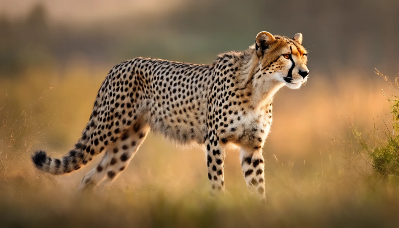 (best quality,4k,8k,highres,masterpiece:1.2),ultra-detailed,(realistic,photorealistic,photo-realistic:1.37),cheetah in the wild,wildlife,beautiful detailed fur,graceful movement,leaping into action,sharp focus,endangered species,natural habitat,african savannah,roaming freely,hunting instinct,strong and powerful,speed and agility,striking spots,blurred motion background,stunning sunset lighting,vivid colors,bokeh