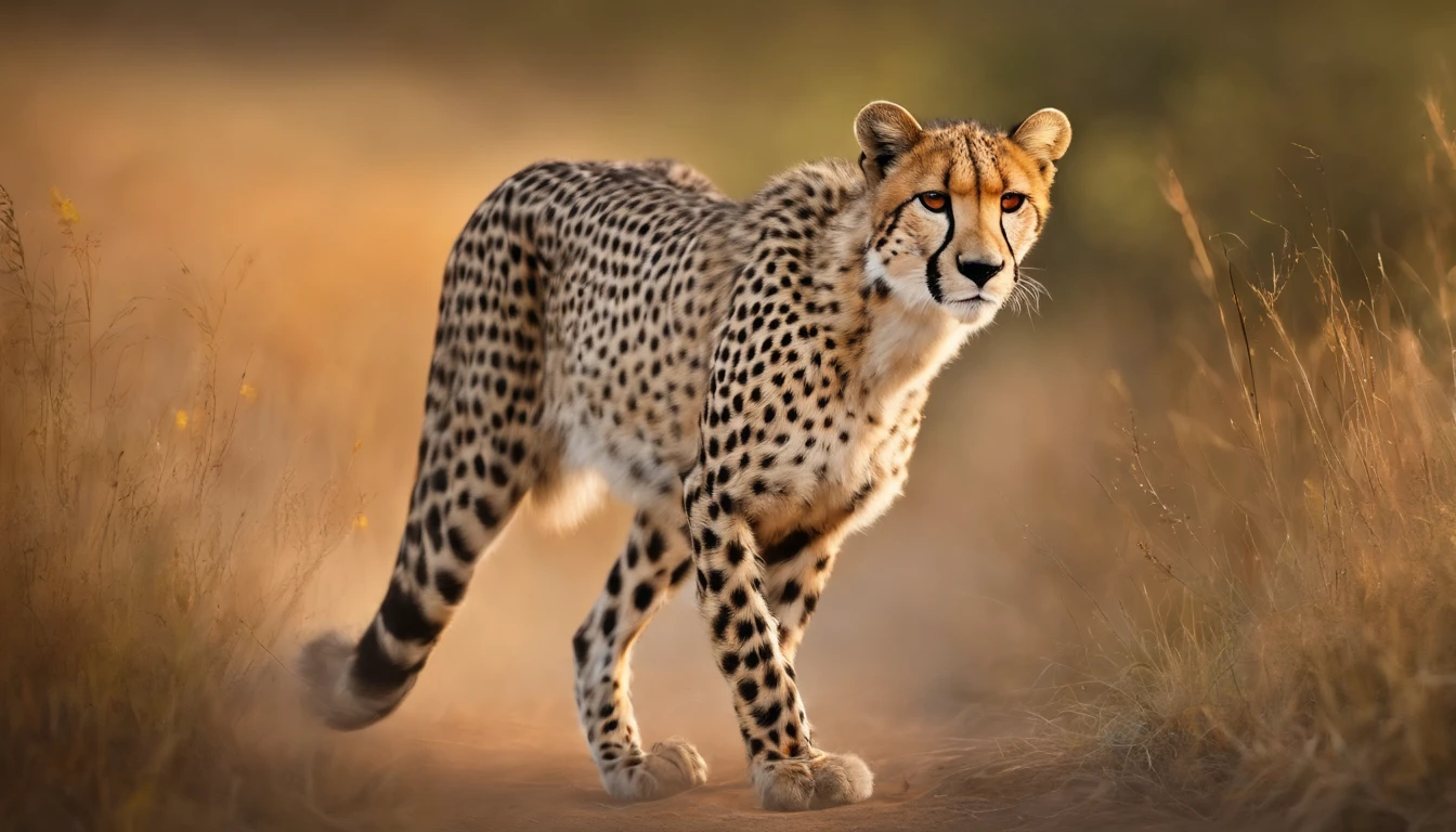 (best quality,4k,8k,highres,masterpiece:1.2),ultra-detailed,(realistic,photorealistic,photo-realistic:1.37),cheetah in the wild,wildlife,beautiful detailed fur,graceful movement,leaping into action,sharp focus,endangered species,natural habitat,african savannah,roaming freely,hunting instinct,strong and powerful,speed and agility,striking spots,blurred motion background,stunning sunset lighting,vivid colors,bokeh