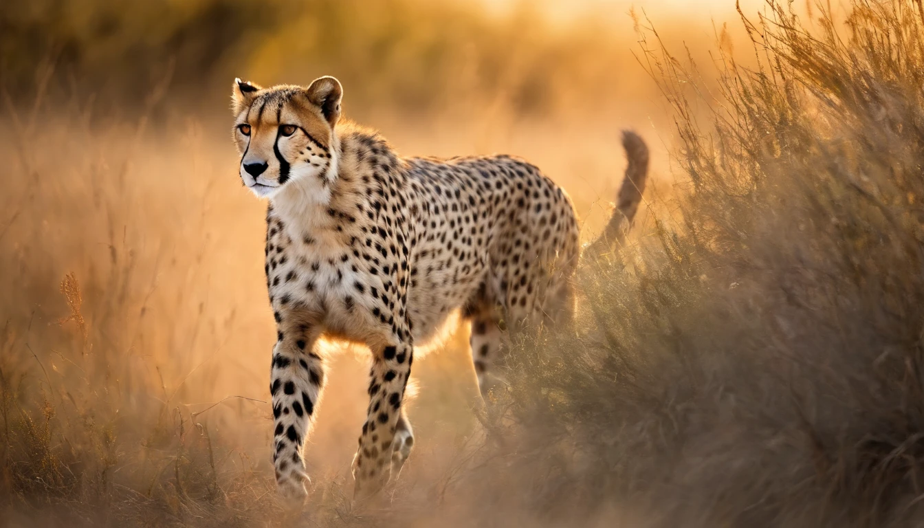 (best quality,4k,8k,highres,masterpiece:1.2),ultra-detailed,(realistic,photorealistic,photo-realistic:1.37),cheetah in the wild,wildlife,beautiful detailed fur,graceful movement,leaping into action,sharp focus,endangered species,natural habitat,african savannah,roaming freely,hunting instinct,strong and powerful,speed and agility,striking spots,blurred motion background,stunning sunset lighting,vivid colors,bokeh