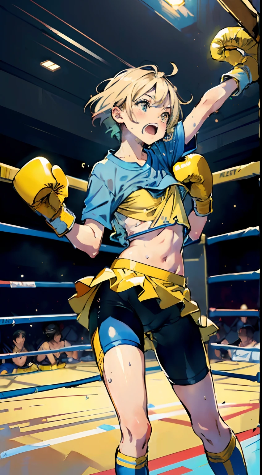 masterpiece, best quality, ultra-detailed, illustration, an extremely delicate and beautiful,high resolution, ultra-detailed,,perfect face,slender perfect body, Tight belly,Toned buttocks,Constricted waist,,1girl,(blue school uniform1.7),(bike shorts under yellow skirt:1.5),(in skyscraper:1.3),,chilxing gloves,fighting pose:1.5),(mesh hair:1.2),(very short hair),(anger),(shirt comes off:1.7),(very long hair), shy daughter,tature,(small breasts),( sweaty skin:1.2),(front view:1.5),(white bike shorts),(show off bike shorts:1.2),(spread legs:1.2),(cameltoe:1.2)