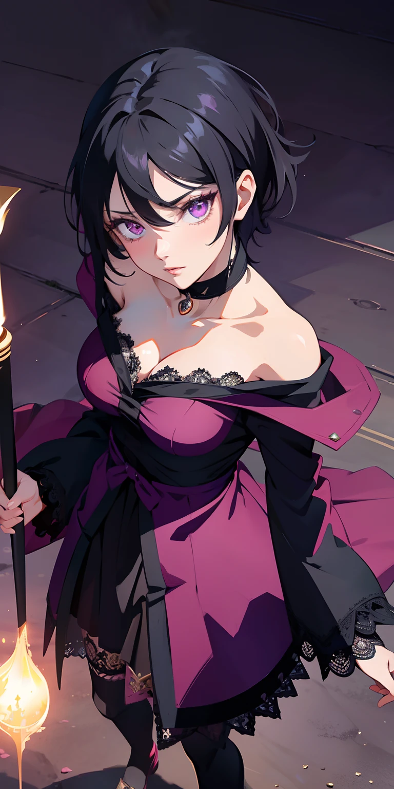 masterpiece, best quality, ultra-detailed, illustration,(1girl),beautiful detailed eyes, Sarada Uchiha, looking at viewer, close up, (breast focus), (arms behind back:1.2), (from above:1.1), black hair, small breasts, (off shoulder:1.1), lace robe, caster robes, lace stockings, lace arm sleeves,glowing eyes, purple eyes, Red Tulle coat random pantyhose, black hair, purple eyes, Rennegan eyes, shining eyes, Wizard staff in hand, elegant staff, Wizard wand, Fairy wand, detailed wizard staff