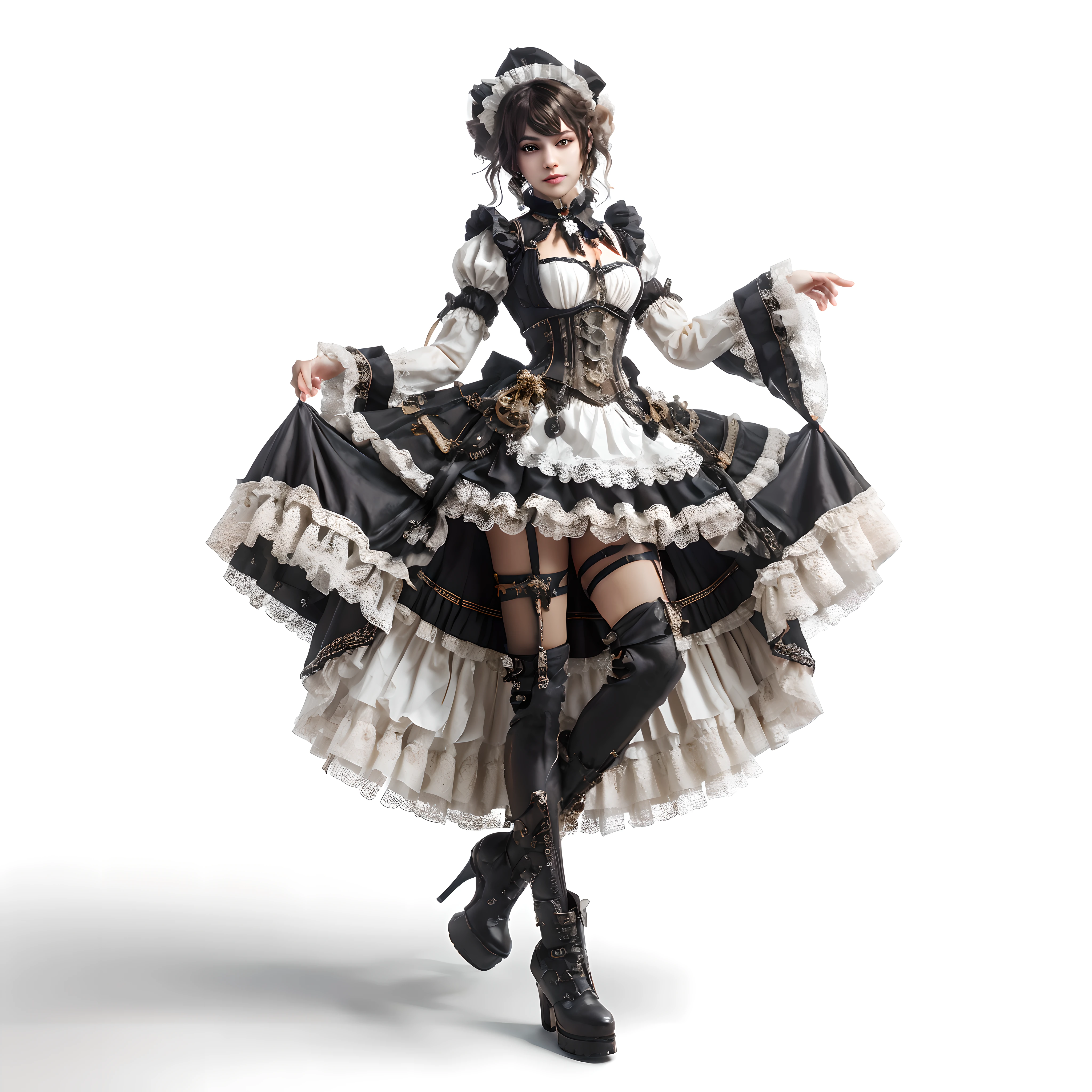 araffe dressed in a black and white dress and boots, steampunk beautiful realistic woman, render character art 8 k, render of a cute realistic girl, render of mirabel madrigal, realistic girl in a maid costume, render of april, maid outfit, in detailed steampunk dress, 8k octae render photo, style game square enix